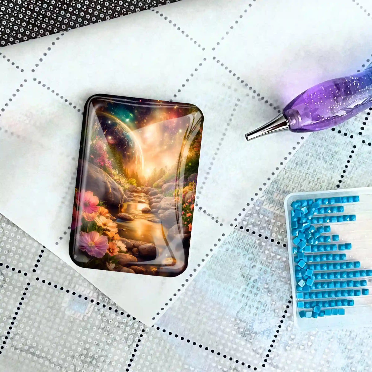 Magischer Glas-Cover Minder für Diamanten Painting auf Leinwand mit glitzerndem Diamond Painting Stift
