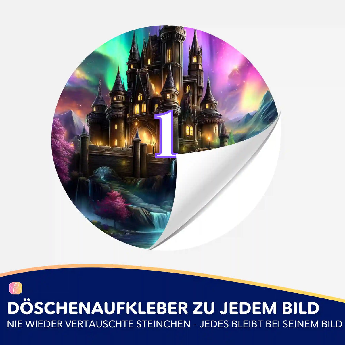 Bunter Döschenaufkleber mit Märchenschloss-Motiv für Diamond Painting Zubehör und einfache Steinchen-Sortierung