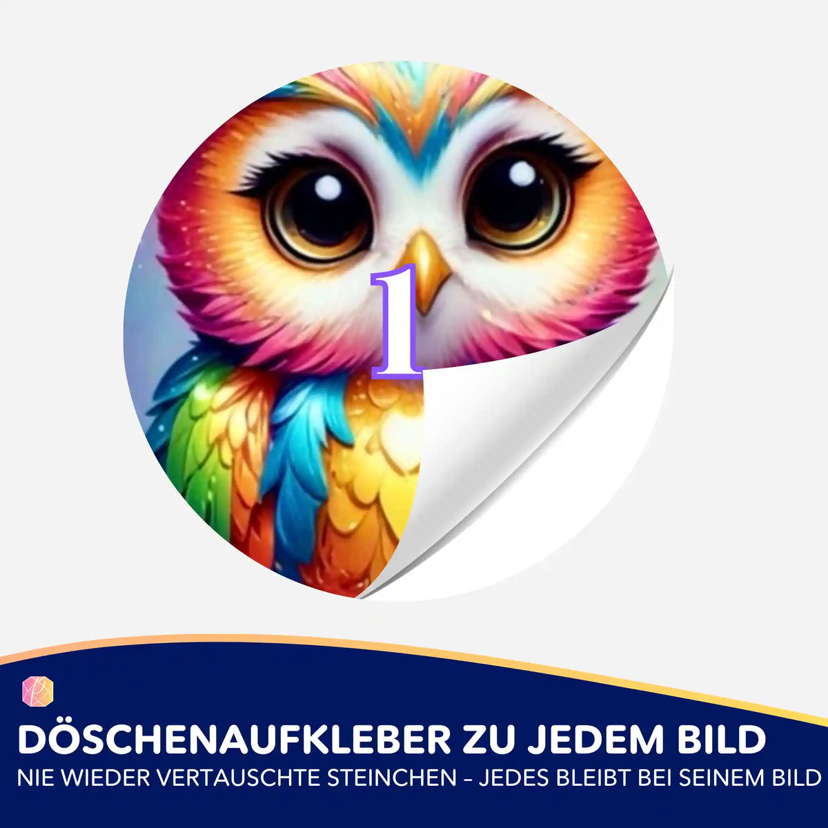 Bunter Eulen-Döschenaufkleber mit Nummer 1 für Diamond Painting Zubehör zur optimalen Sortierung der Steinchen.
