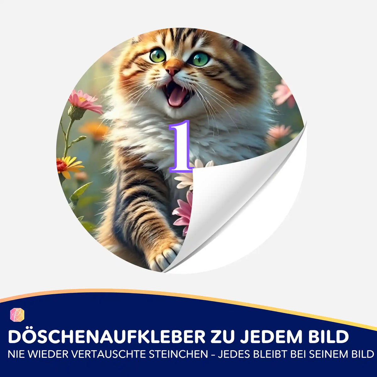 Runder Döschenaufkleber mit Katzen-Motiv Lucy für Diamond Painting zur übersichtlichen Sortierung der Steinchen.