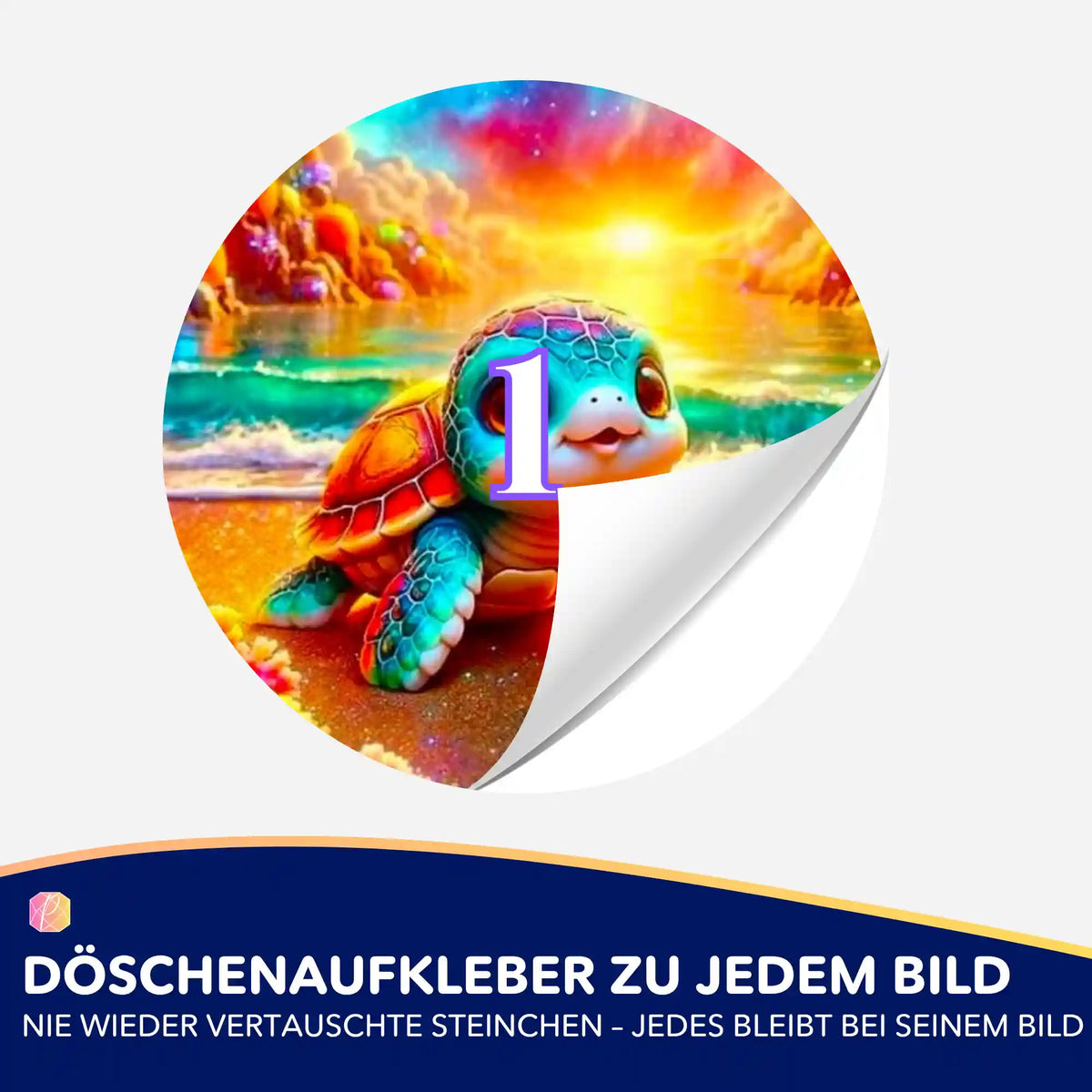 Bunter Diamond Painting Döschenaufkleber mit Schildkröte am Strand zur übersichtlichen Sortierung Ihrer Steinchen
