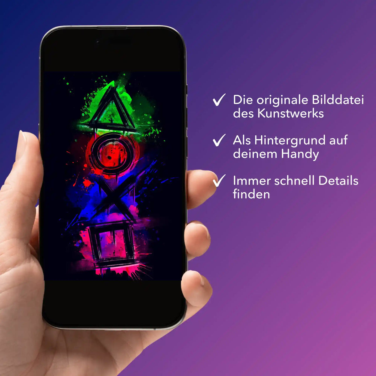Smartphone mit digitaler Bildmappe für Diamond Painting Motiv Play the Game als praktisches Hintergrundbild