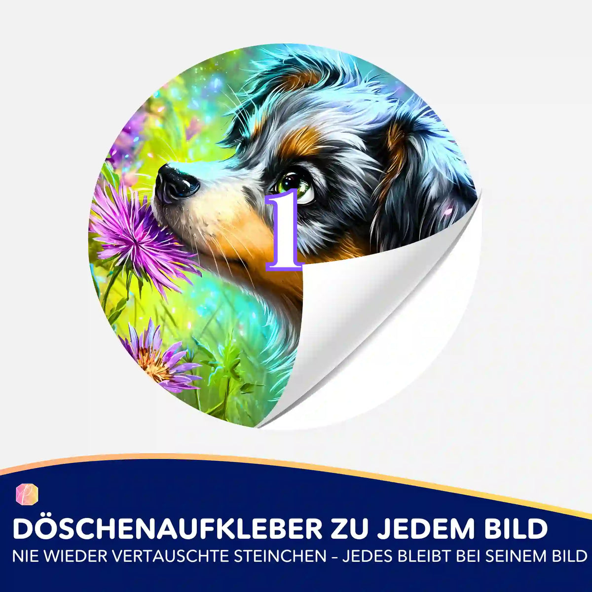Bunter Hunde-Döschenaufkleber mit Nummer 1 für Diamond Painting Zubehör zur einfachen Sortierung der Diamantsteinchen.