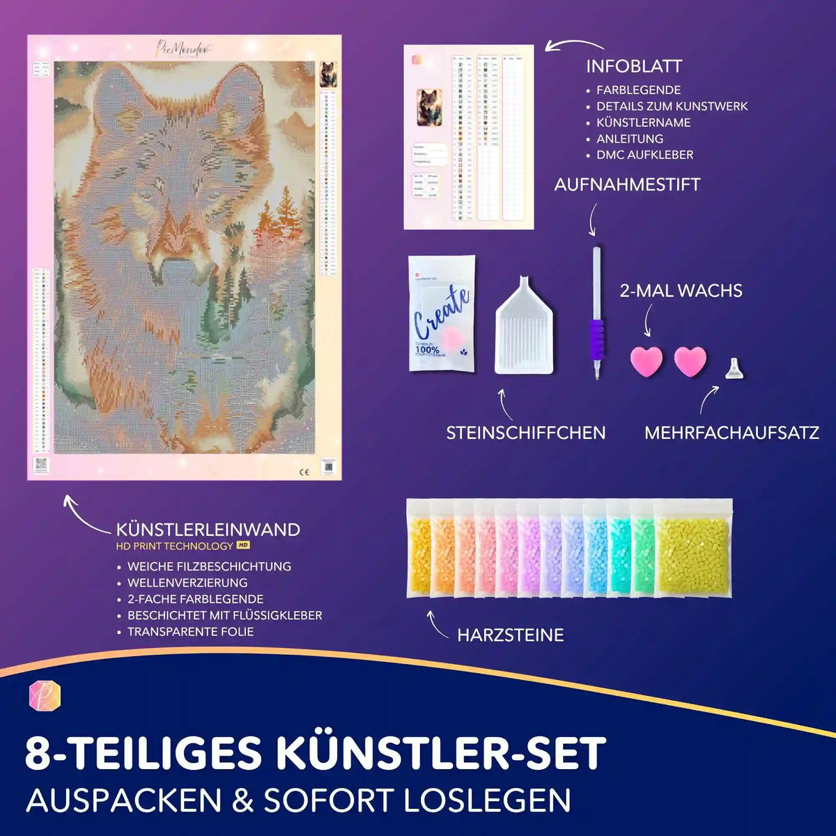 Diamond Painting Set Geist des Waldes mit Wolf-Motiv, hochwertiger Leinwand, Harzsteinen und Zubehör für Erwachsene.