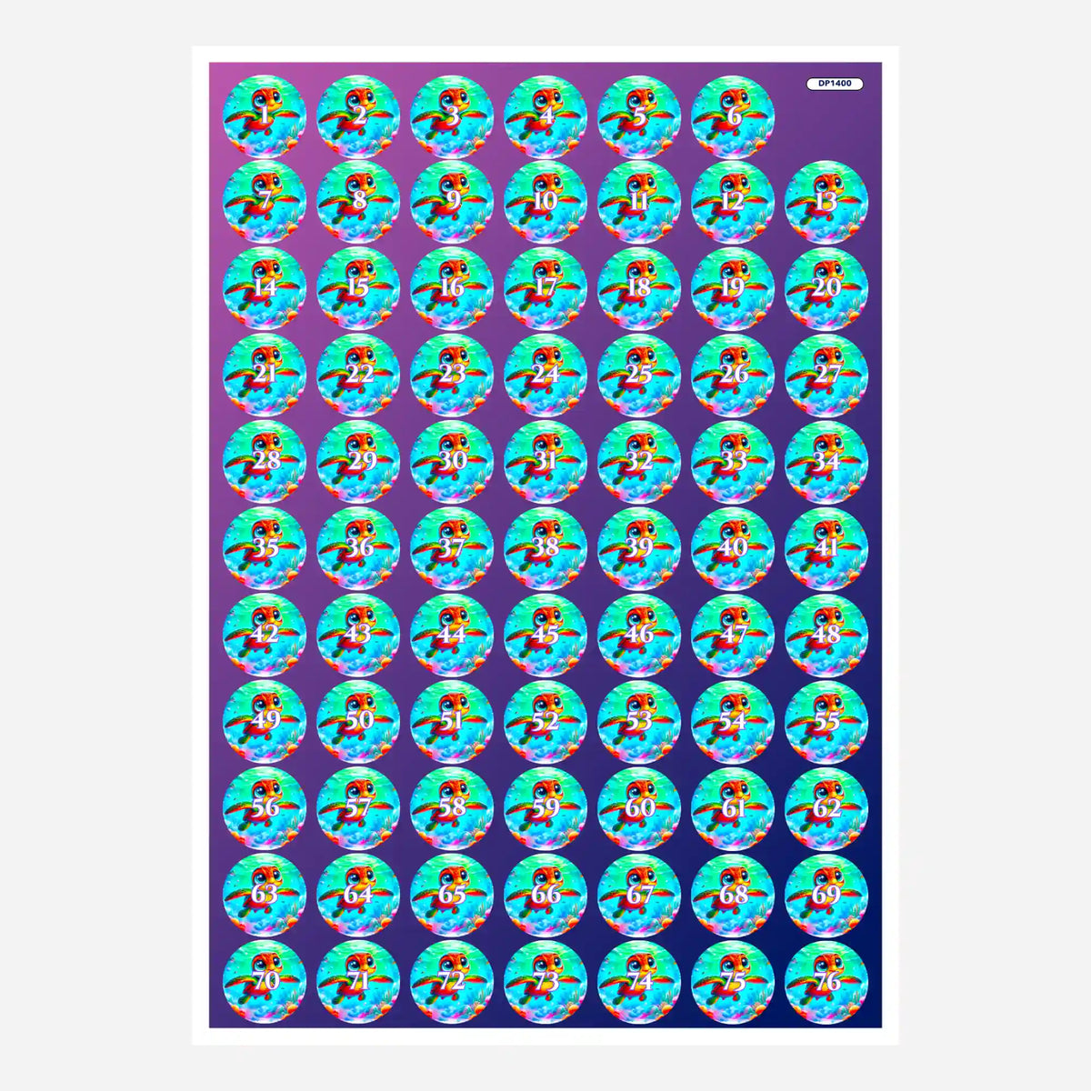 Buntes Döschenaufkleber-Set mit Meeresschildkröte Lotta zur Organisation von Diamond Painting Zubehör und Steinchen.