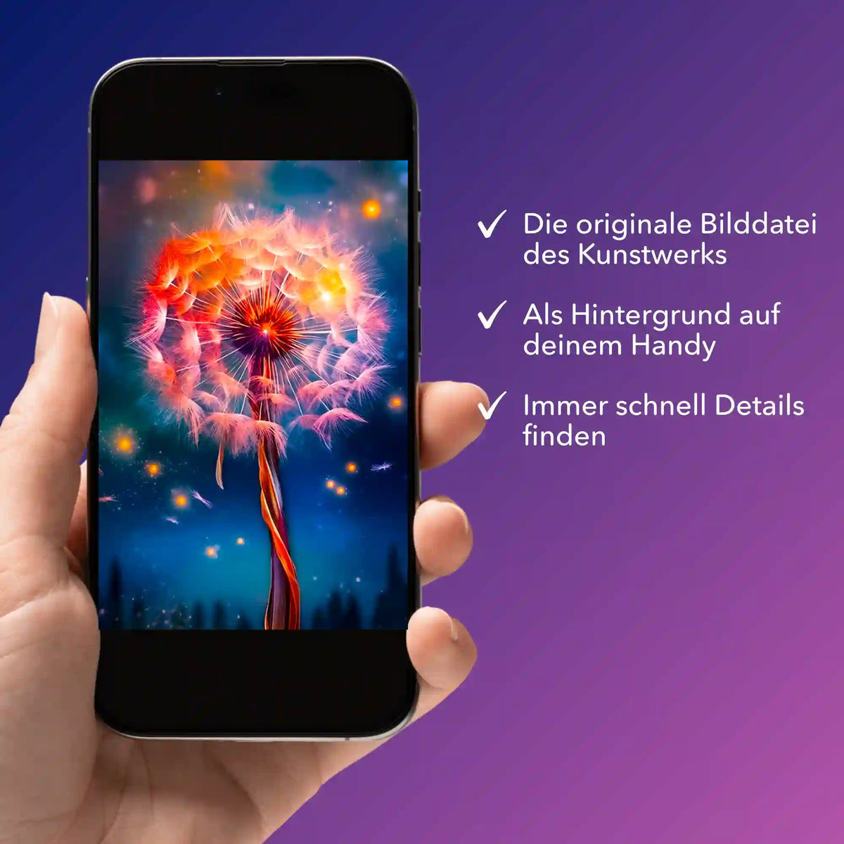 Smartphone mit digitaler Bildmappe für Diamond Painting Motiv Fly away by Night als digitale Vorlage