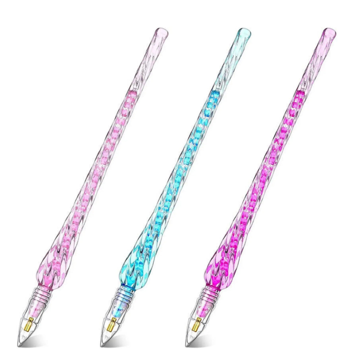 Drei glitzernde Diamond Painting Stifte Twister in Pink, Blau und Lila für präzises Diamond Painting Zubehör