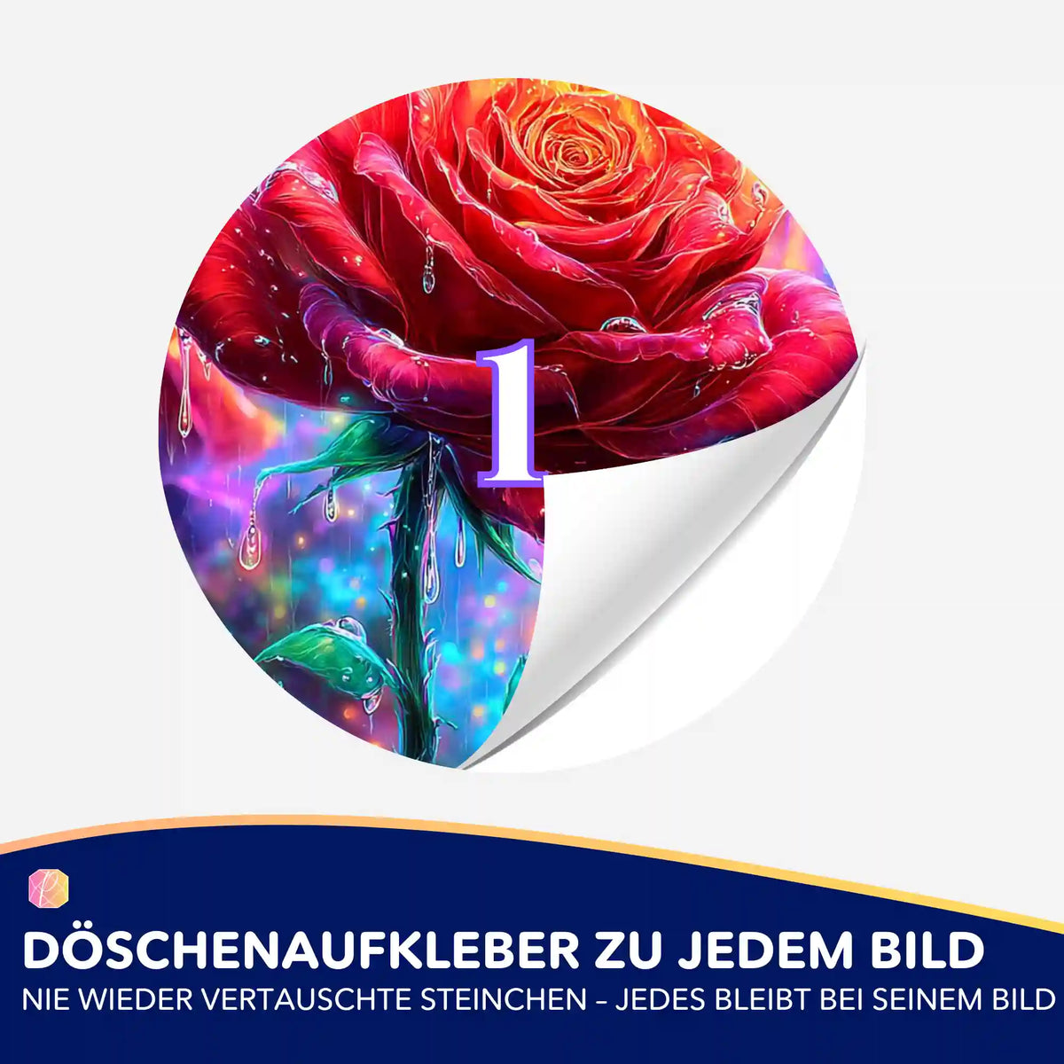 Runder Döschenaufkleber mit Rosen-Motiv Regentanz für das Diamond Painting Zubehör zur Ordnung der Steinchen.