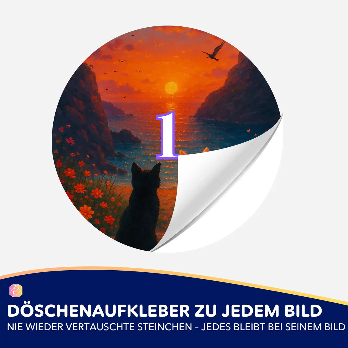 Runder Döschenaufkleber mit Katzen-Motiv zur Sortierung von Steinen für Diamond Painting Projekte