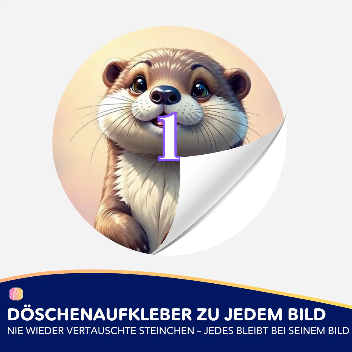 Runder Döschenaufkleber mit niedlichem Otter-Motiv und Nummer 1 für die Organisation von Diamond Painting Steinchen.