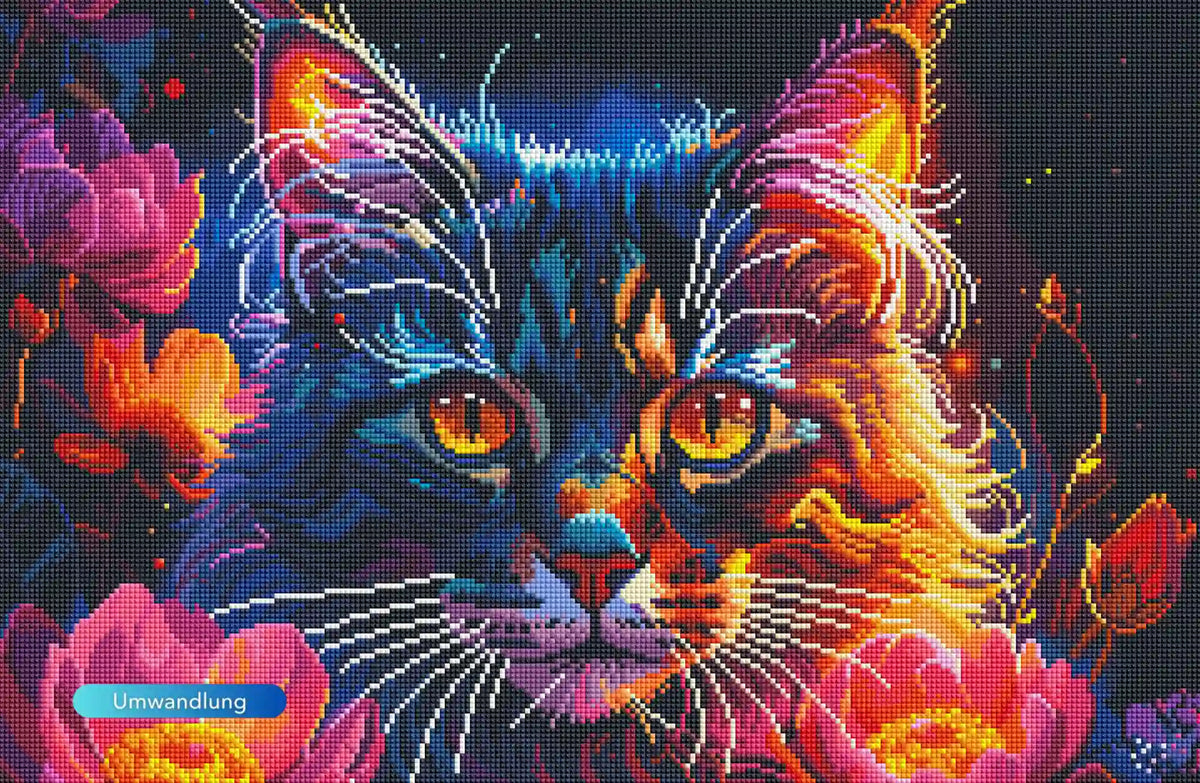 Diamond Painting Katze mit leuchtenden Augen inmitten rosa Nachtblüten auf dunkelblauem Grund als DIY Set.