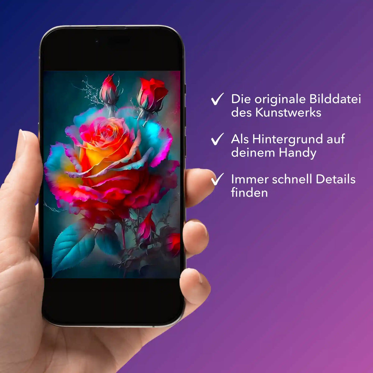 Digitale Bildmappe als Handy-Hintergrund mit buntem Rosen Motiv für Diamond Painting und Malen nach Zahlen von Picmondoo