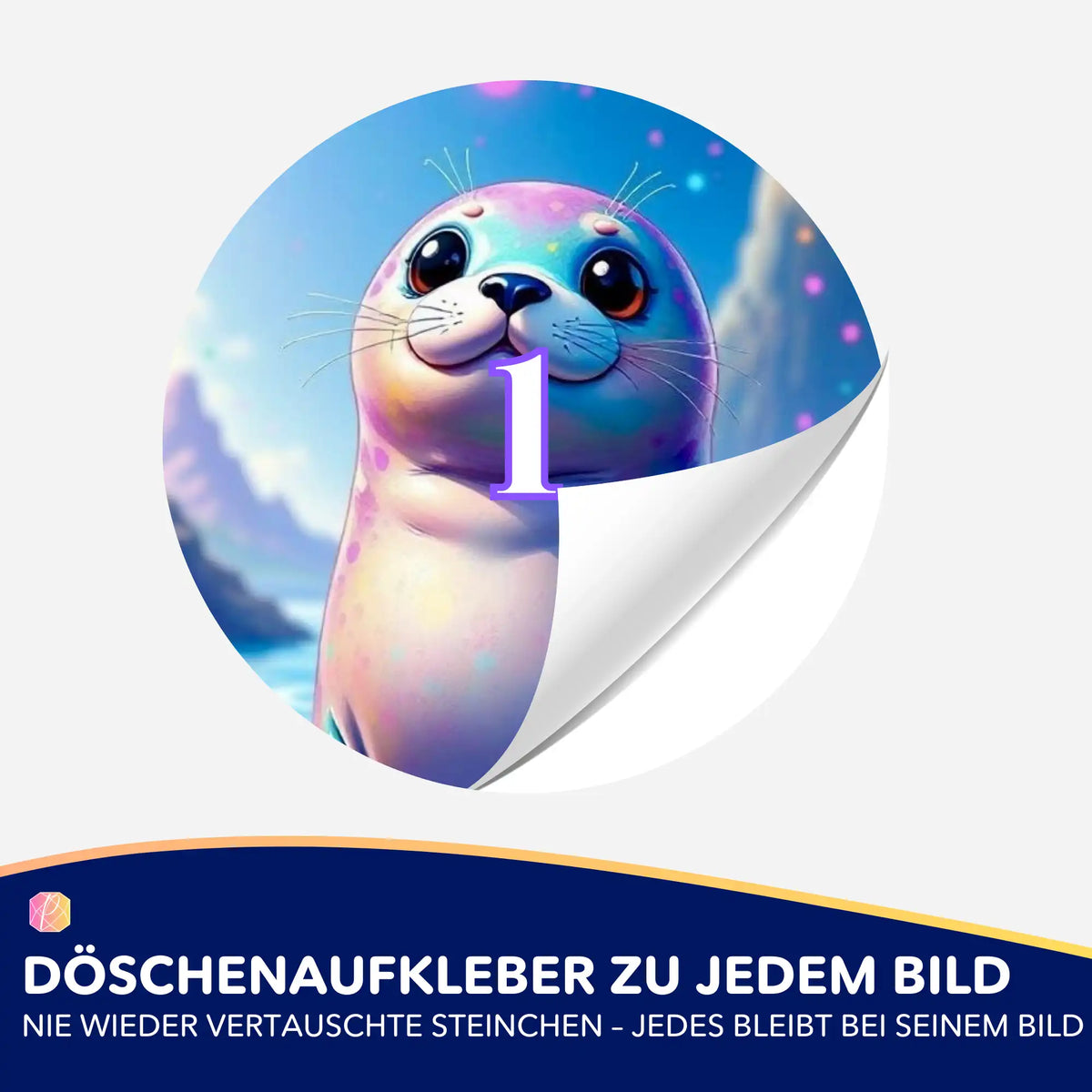 Bunter Robben-Döschenaufkleber mit Nummer 1 für die Organisation von Diamond Painting Steinen und Bastelzubehör.
