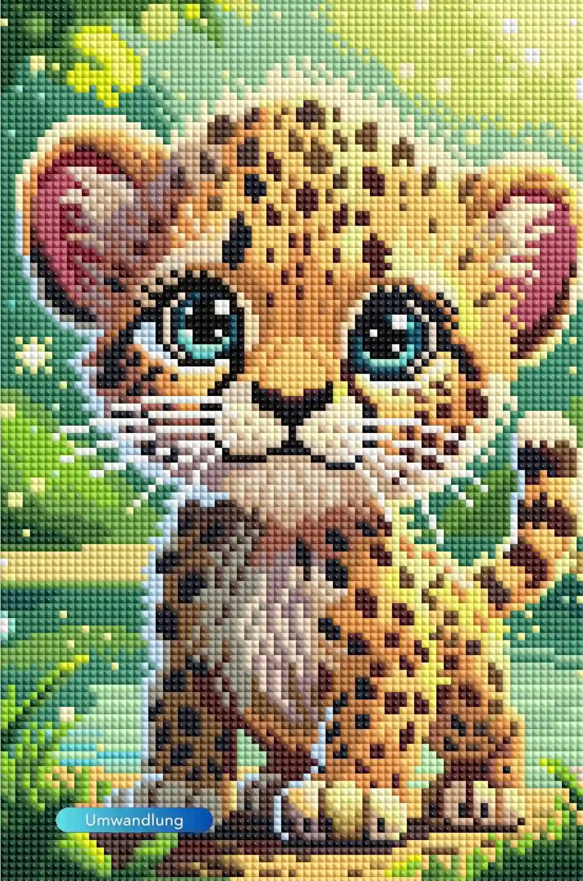 Diamond Painting Set Kibo: Süßes Leopardenjunges mit großen Kulleraugen im grünen Gras als detailliertes Mosaik.