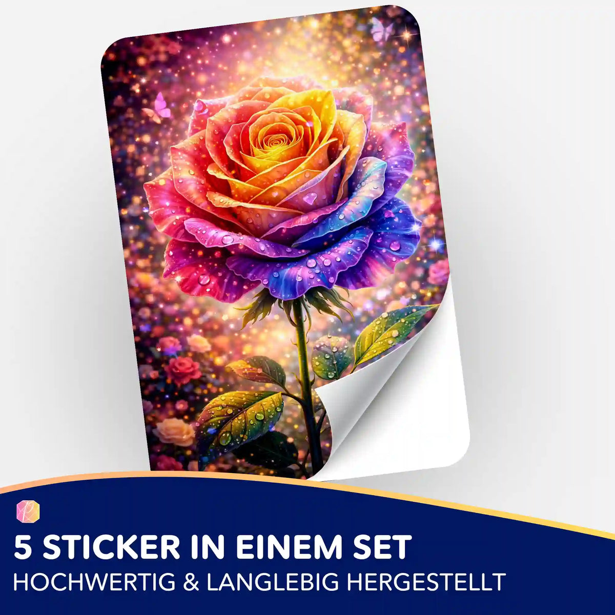 5er-Set Aufkleber mit bunter Regenbogen-Rose, ideal zur Organisation von Diamond Painting und Malen nach Zahlen Projekten.