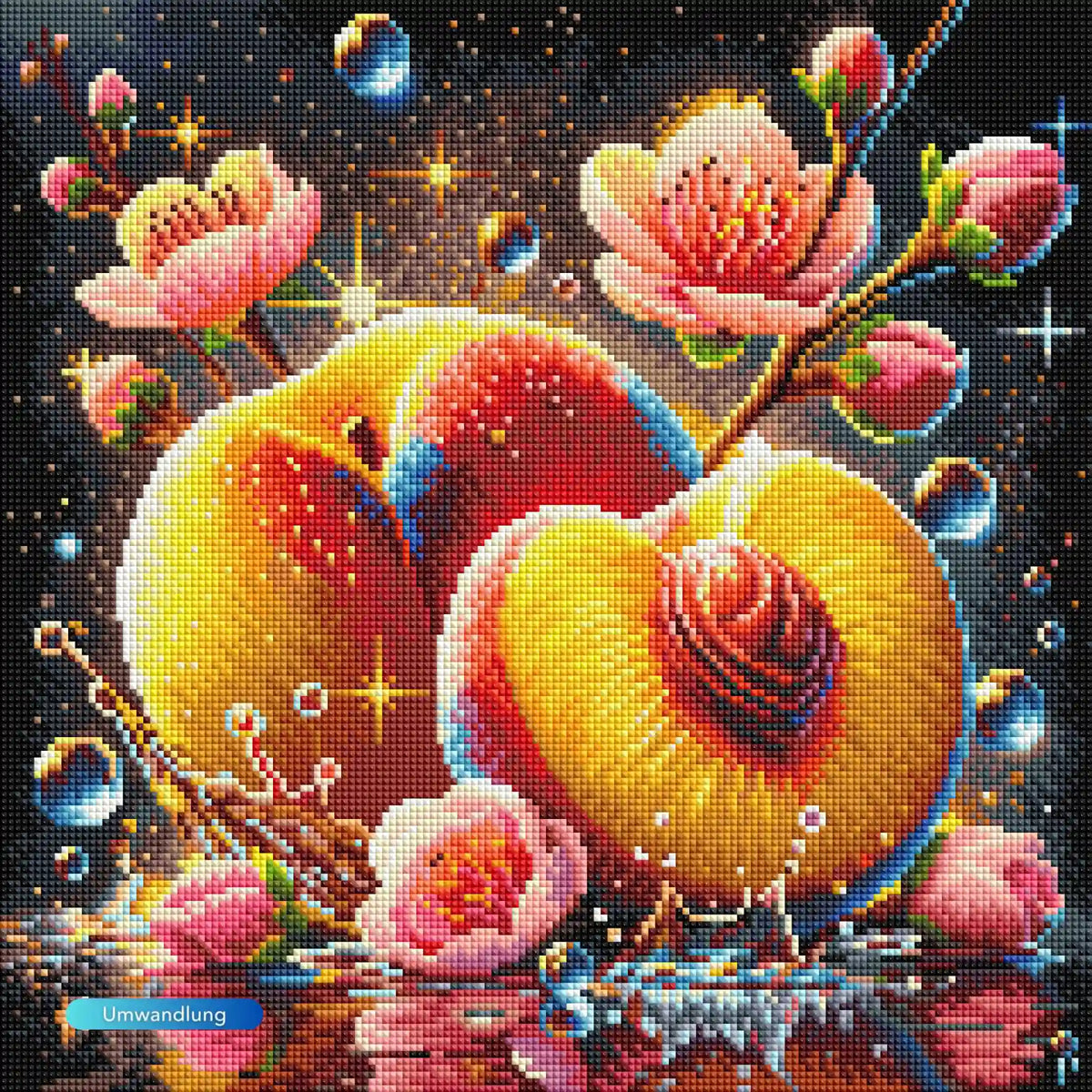 Diamond Painting Set Süße Fülle mit glitzernden Pfirsichen und rosa Blütenzweigen im 40x40cm Format.