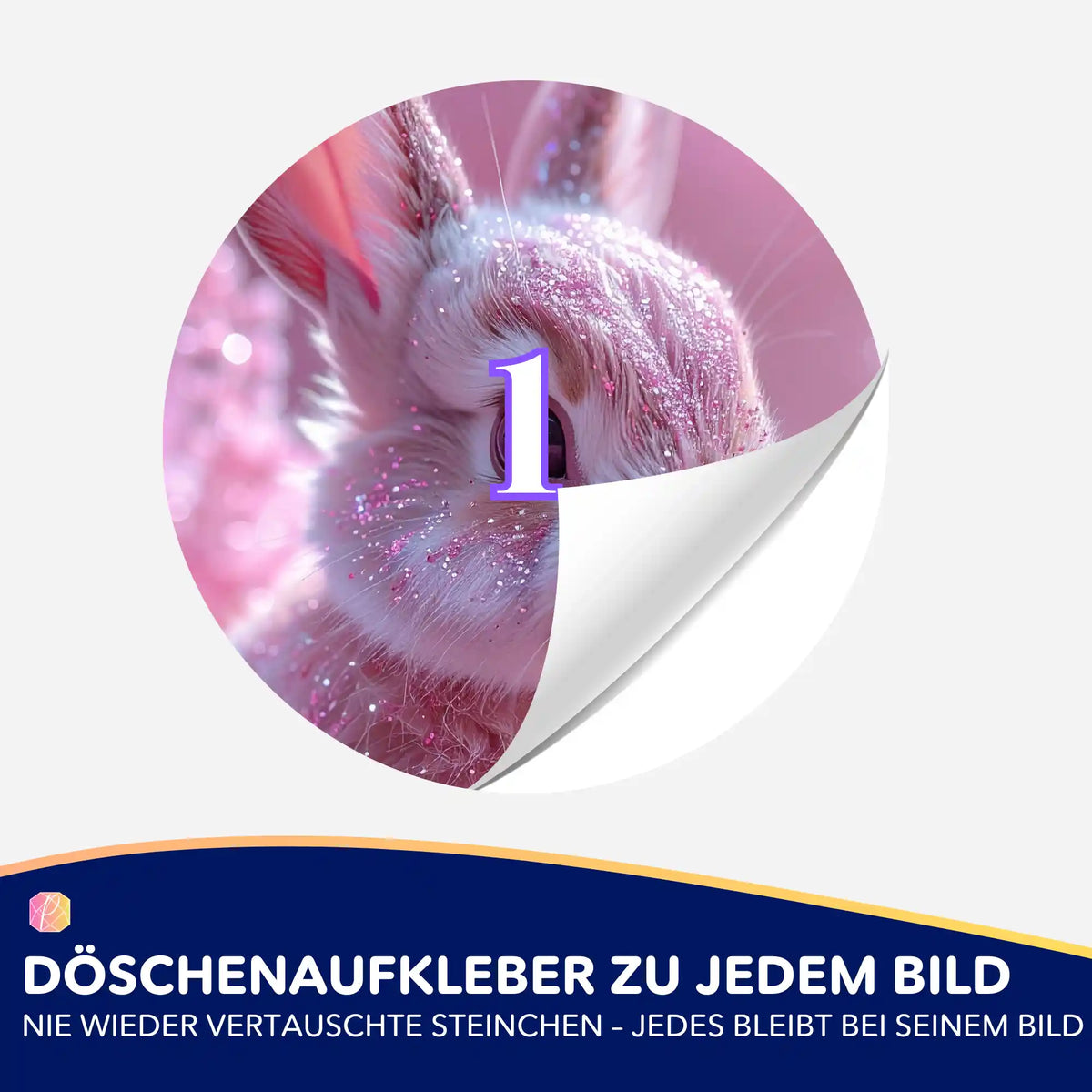 Rosa Döschenaufkleber mit Glitter-Häschen-Motiv für Diamond Painting Zubehör zur Ordnung deiner Steinchen.