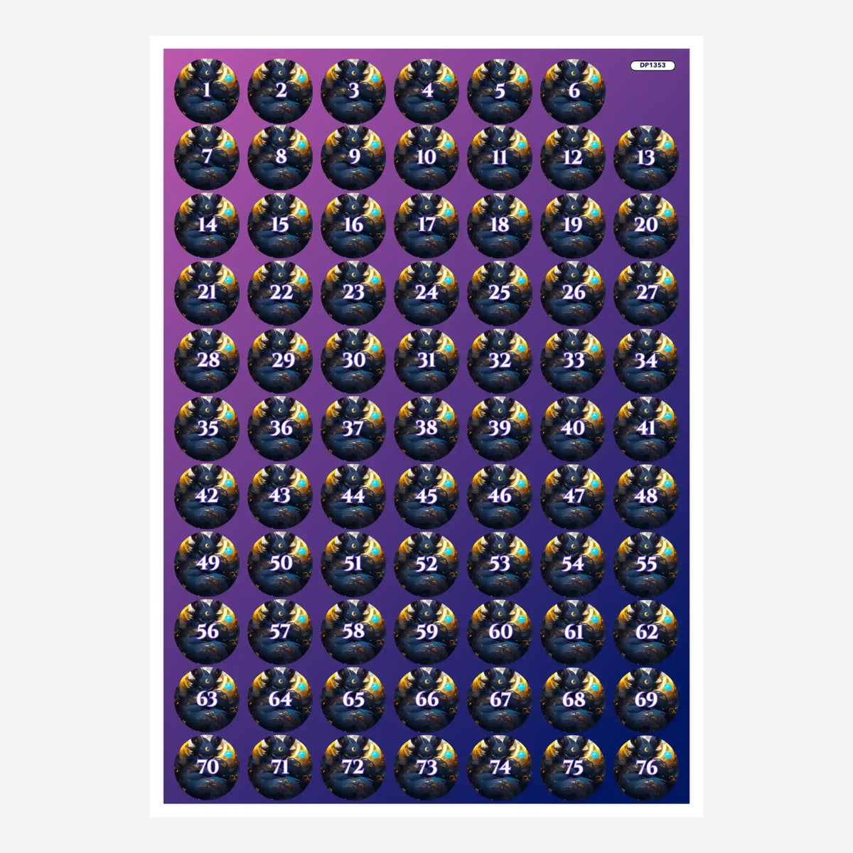 Bogen mit runden Döschenaufklebern für Diamond Painting Zubehör mit Zahlen von 1 bis 76 für das Motiv Mystisches Nachtwesen