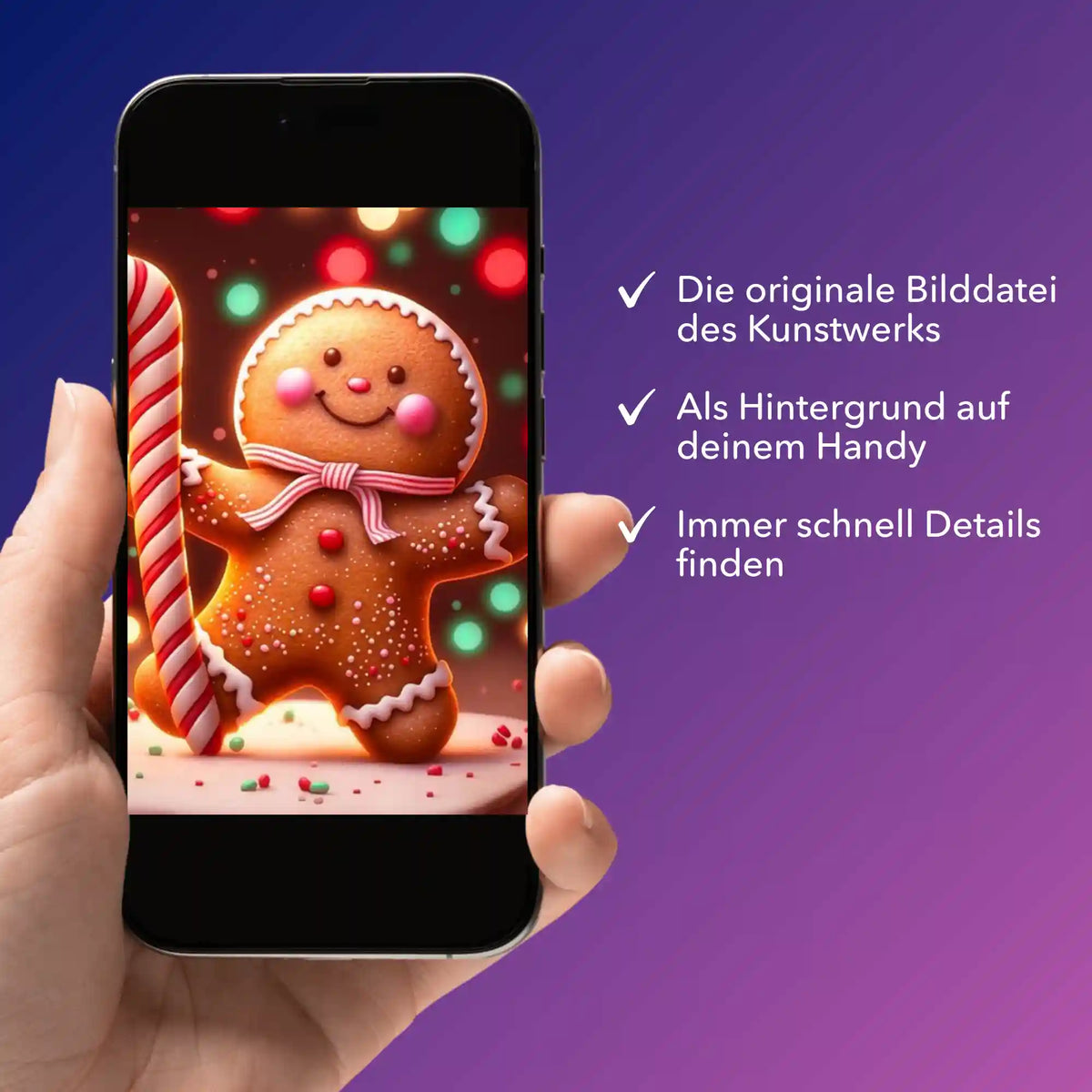 Smartphone mit digitaler Bildmappe vom Lebkuchenmännchen für dein Diamond Painting und Malen nach Zahlen Projekt
