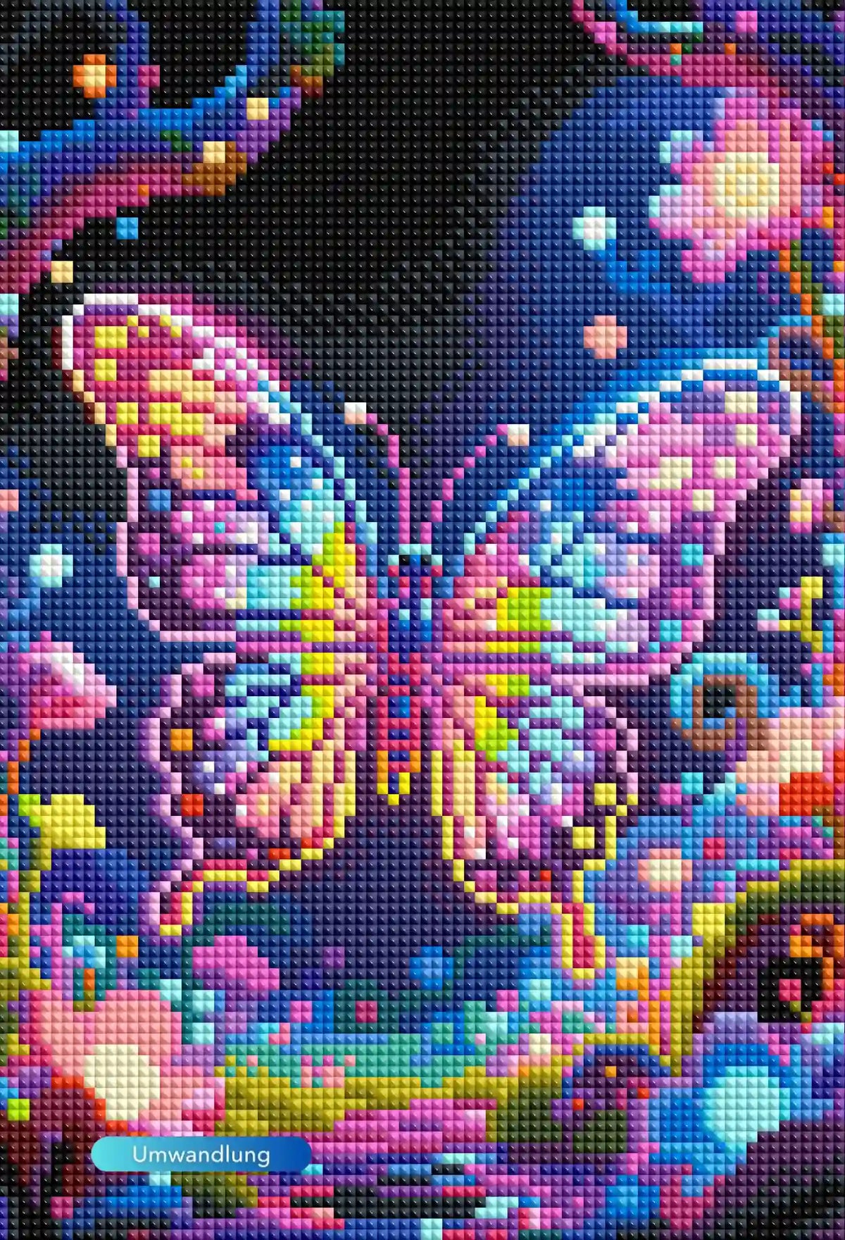 Diamond Painting Set Schmetterling in leuchtenden Regenbogenfarben mit magischen Blüten in einer nächtlichen Fantasiewelt