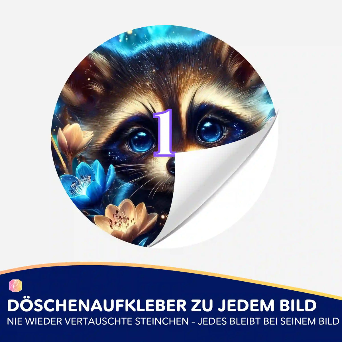 Runder Döschenaufkleber mit Waschbär-Motiv zum Sortieren von Steinchen für dein Diamond Painting Projekt