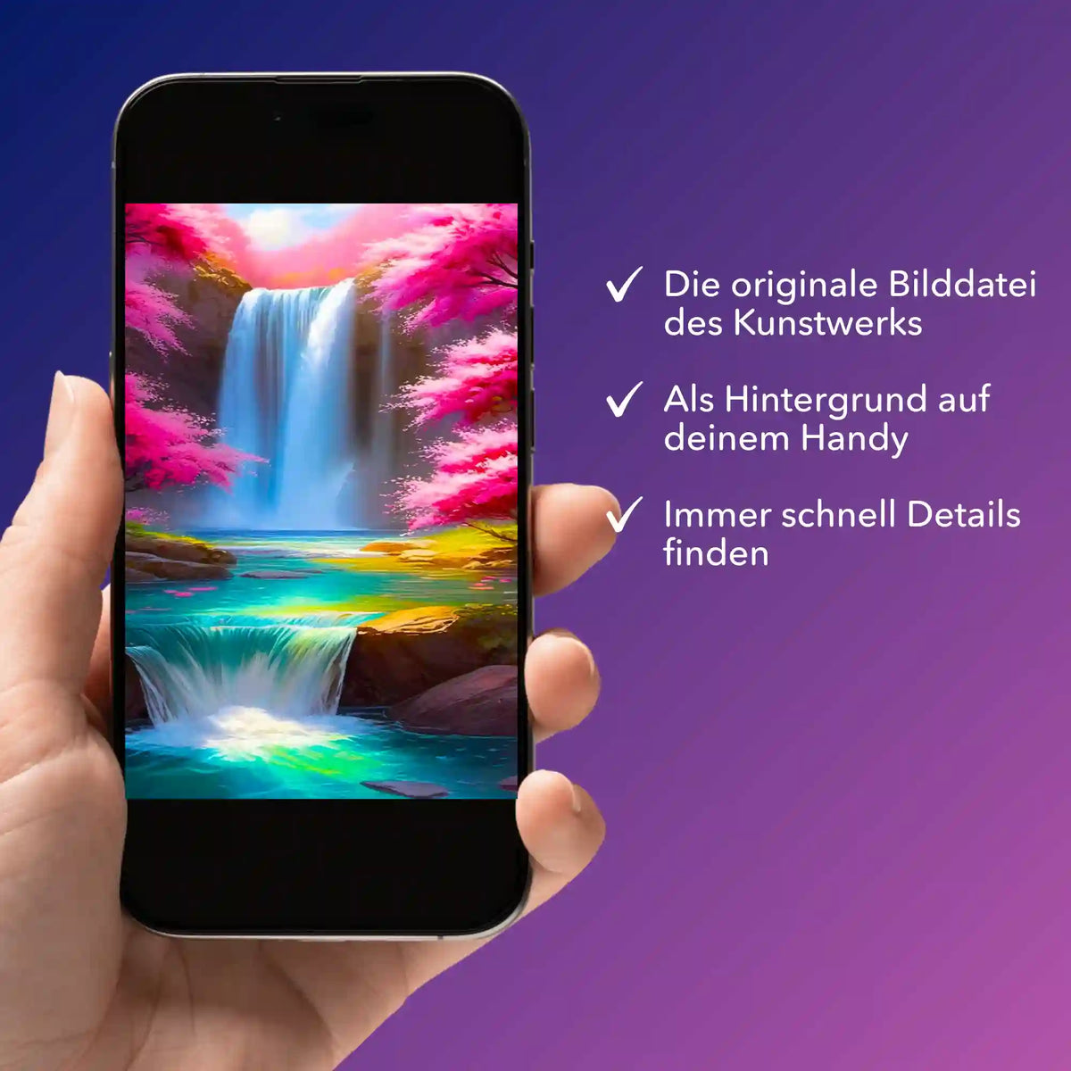 Digitale Bildmappe als Diamond Painting Motiv mit Kirschblüten am Wasserfall auf dem Smartphone angezeigt