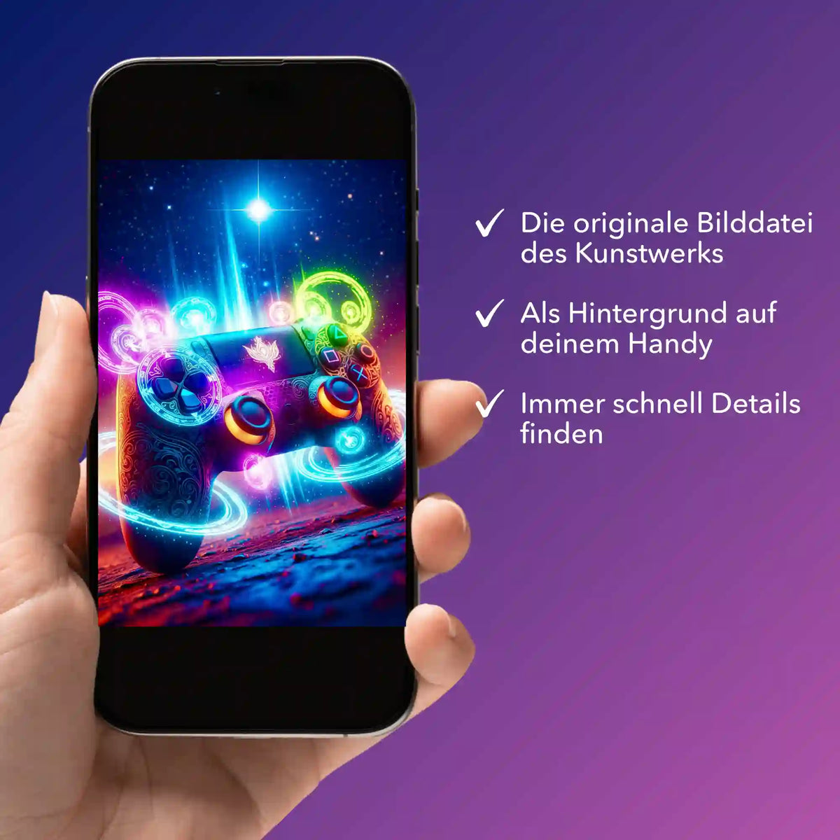 Smartphone mit Gamer Universum Motiv für Diamond Painting und Malen nach Zahlen als digitale Bildmappe zur Übersicht