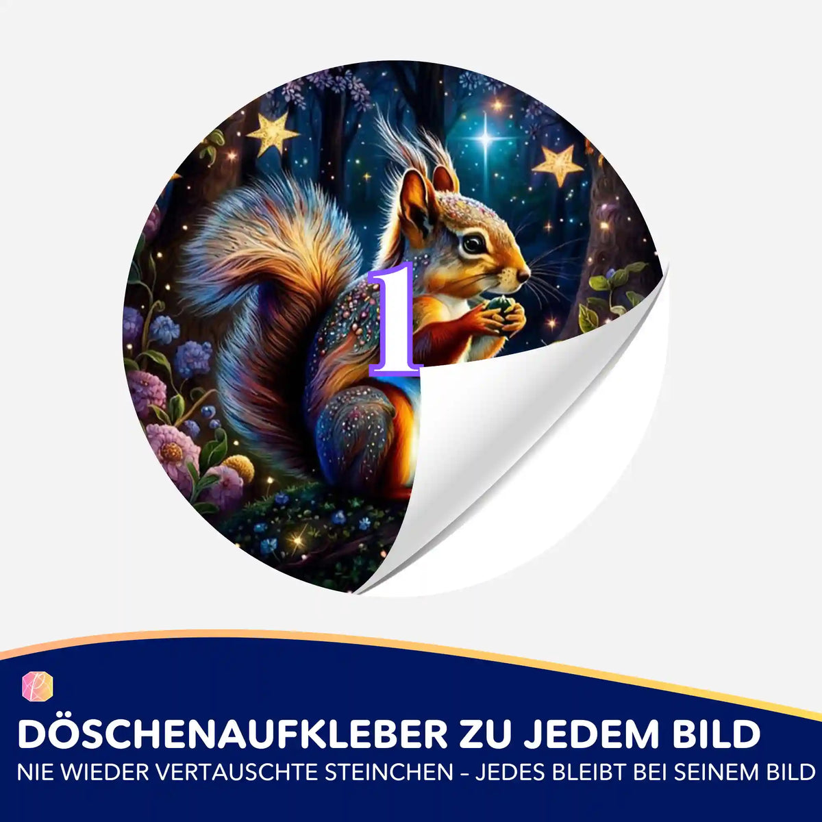 Döschenaufkleber mit Eichhörnchen Motiv für Diamond Painting zur übersichtlichen Sortierung der Diamanten.