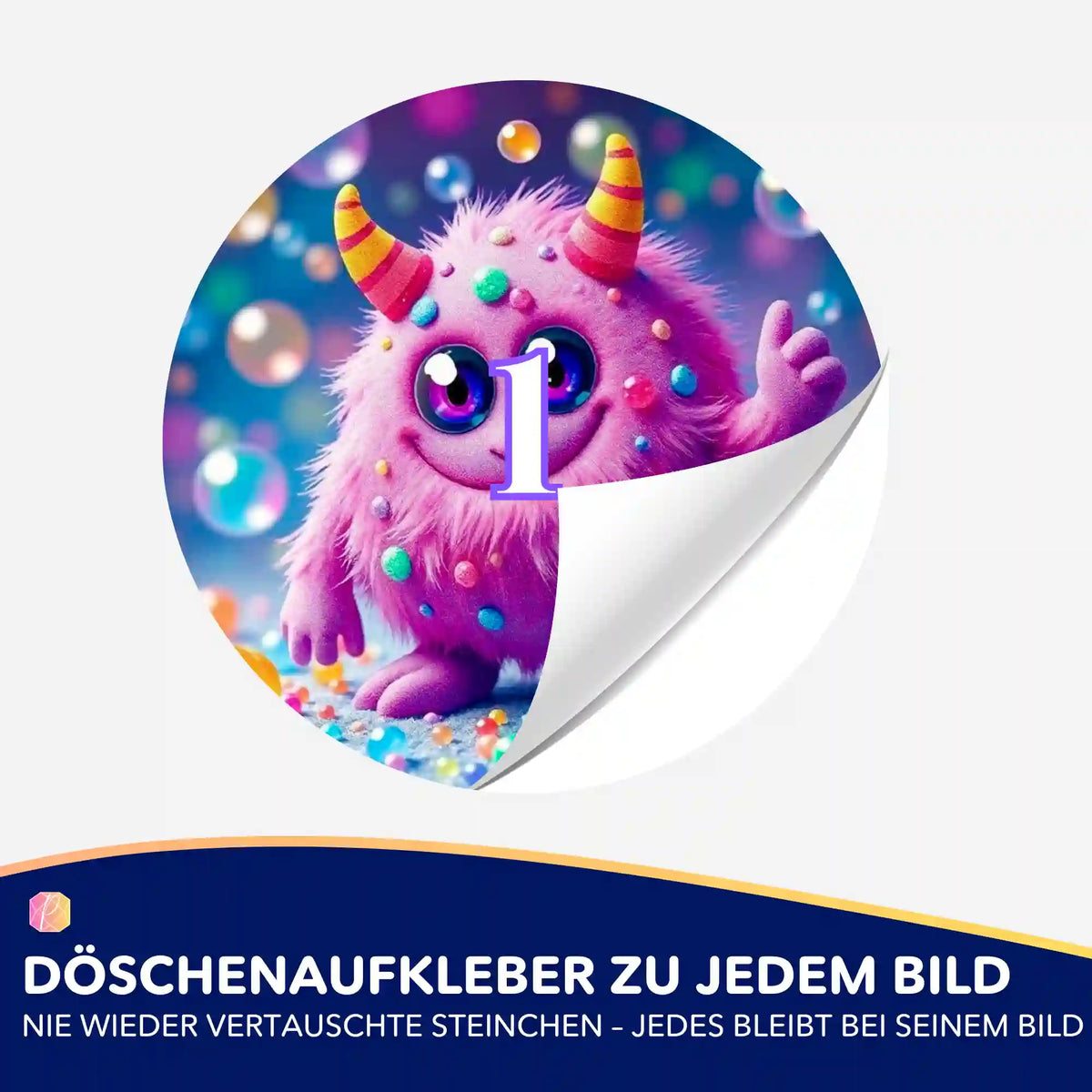 Bunter Diamond Painting Döschenaufkleber mit pinkem Monster-Motiv zur Sortierung deiner Diamanten beim Basteln.