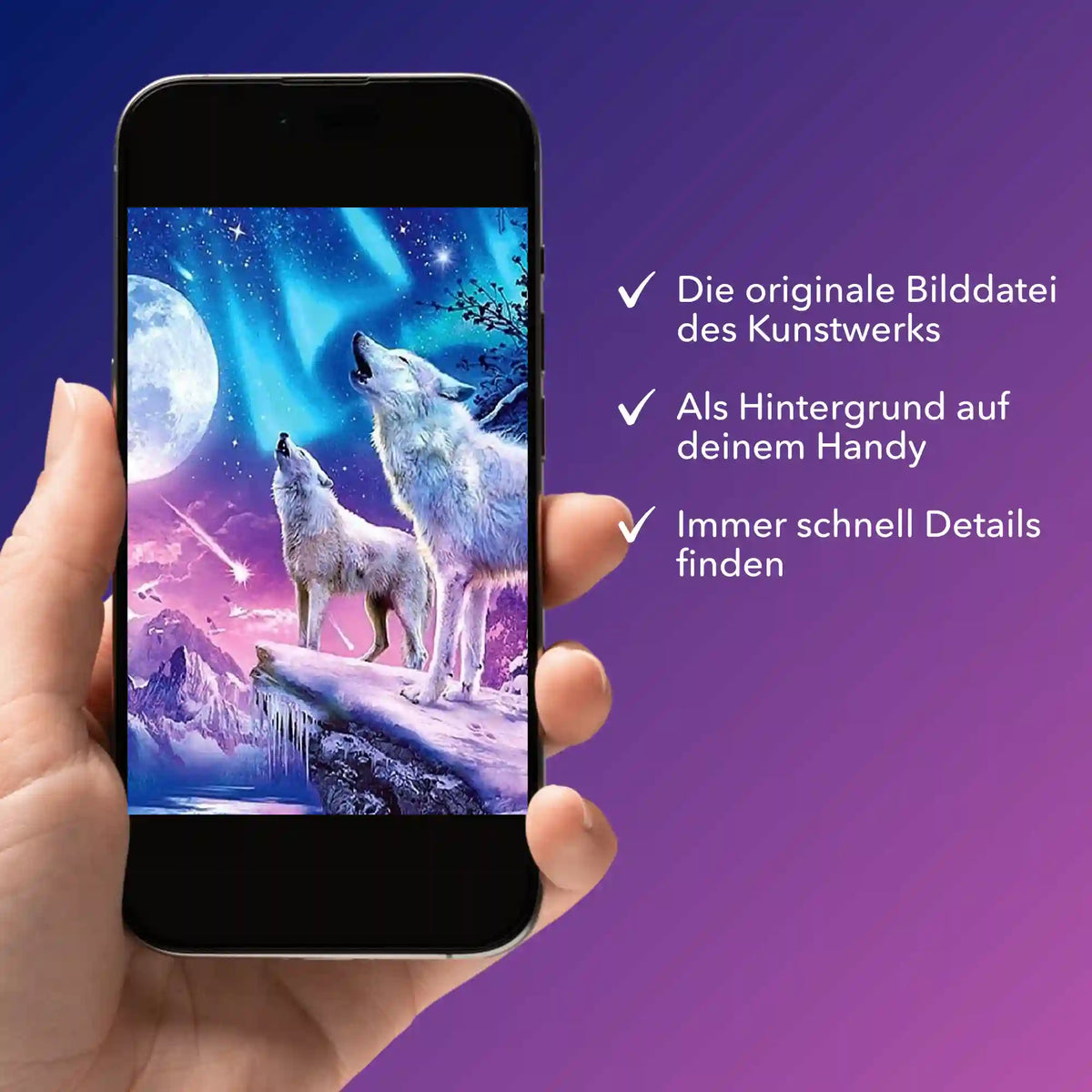Digitale Bildmappe für Diamond Painting Weiße Wölfe: Smartphone Anzeige des Kunstwerks als Hilfe für DIY-Projekte.