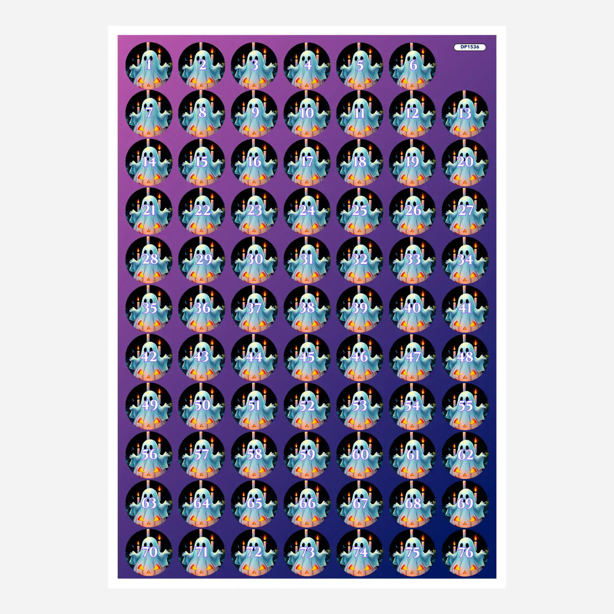 Bogen mit runden Halloween Boohoo Döschenaufklebern zur praktischen Sortierung von Diamond Painting Steinchen
