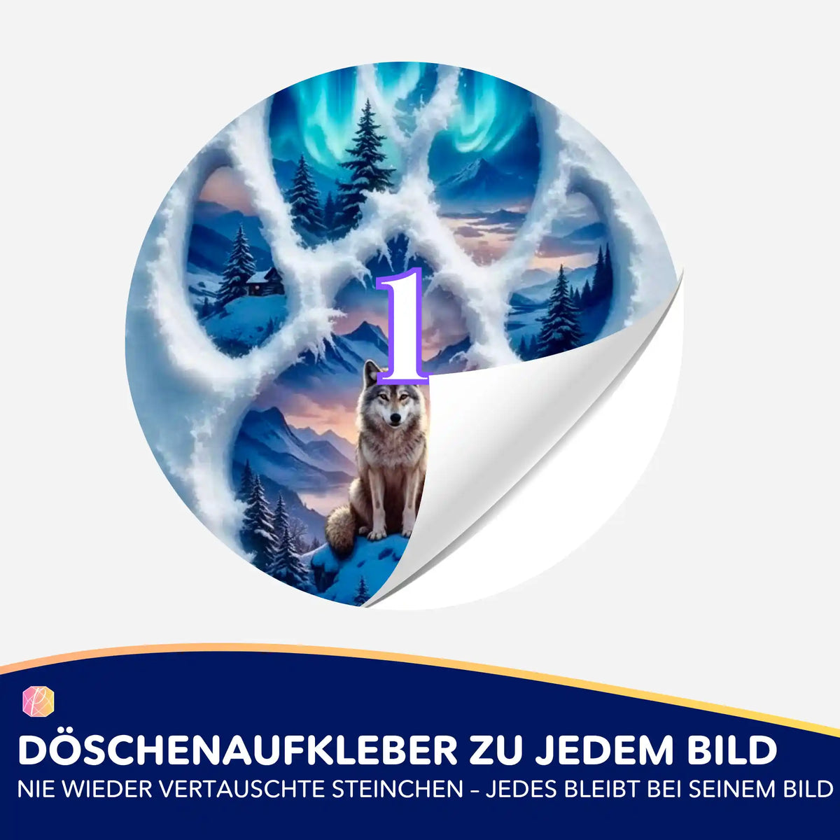 Runder Döschenaufkleber mit Wolfsmotiv zur Organisation von Steinchen für dein Diamond Painting von Picmondoo.