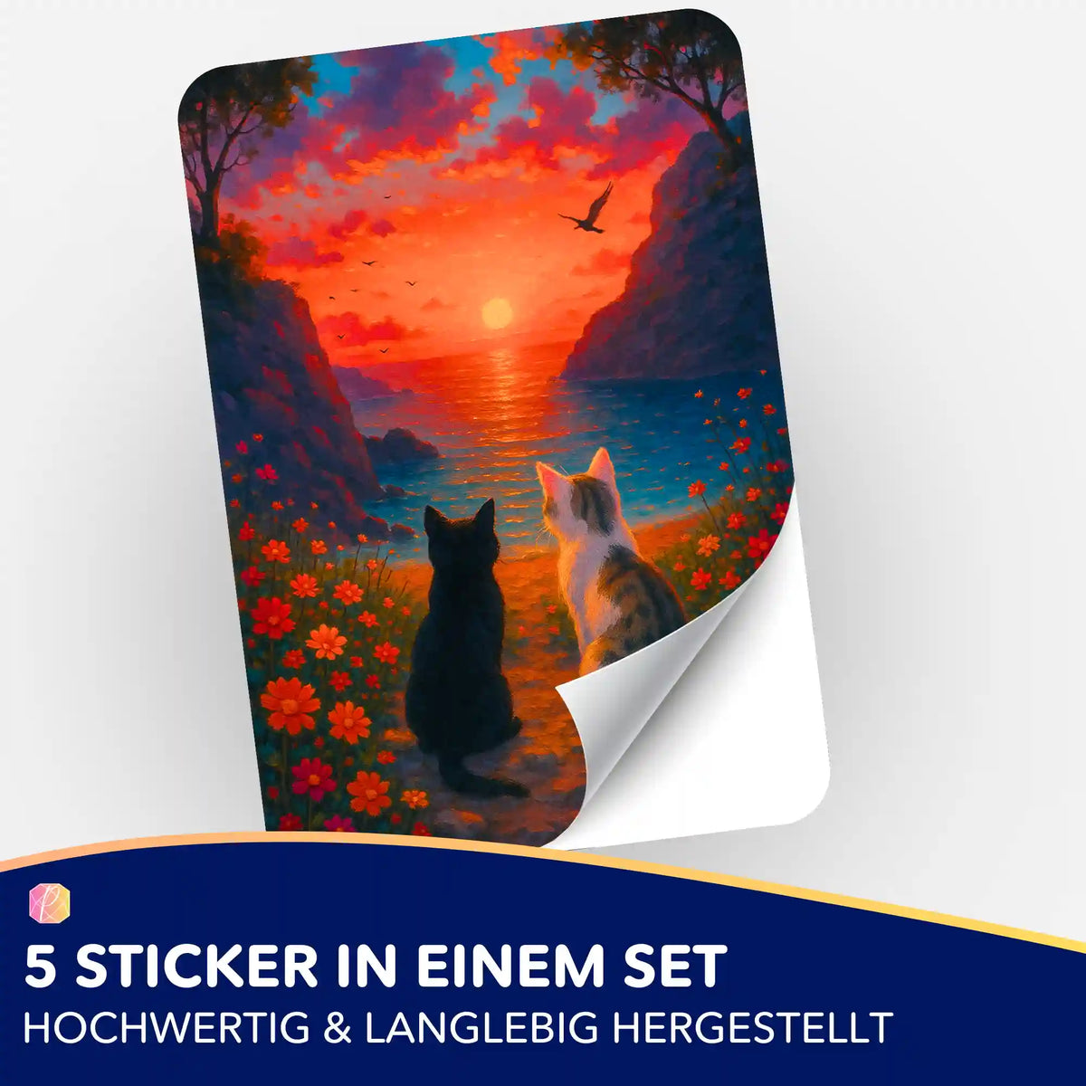 5er-Set Aufkleber mit Katzen-Motiv am Meer bei Sonnenuntergang für Diamond Painting Organisation und Zubehör.