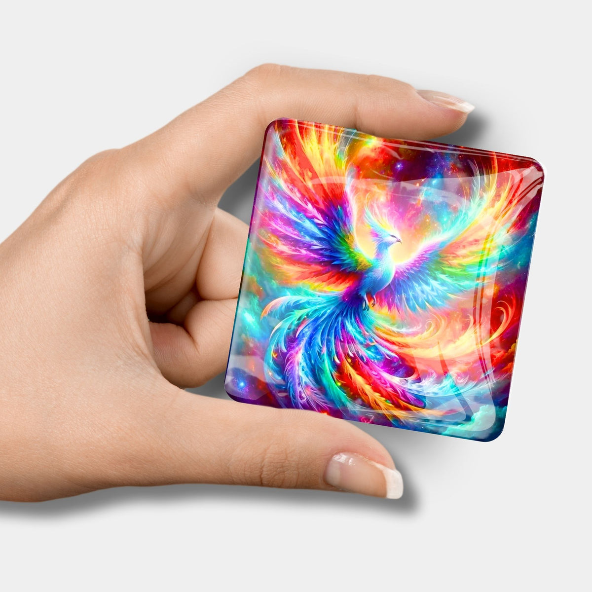 Quadratischer Diamond Painting Cover Minder mit buntem Phönix-Motiv aus Glas in der Hand gehalten