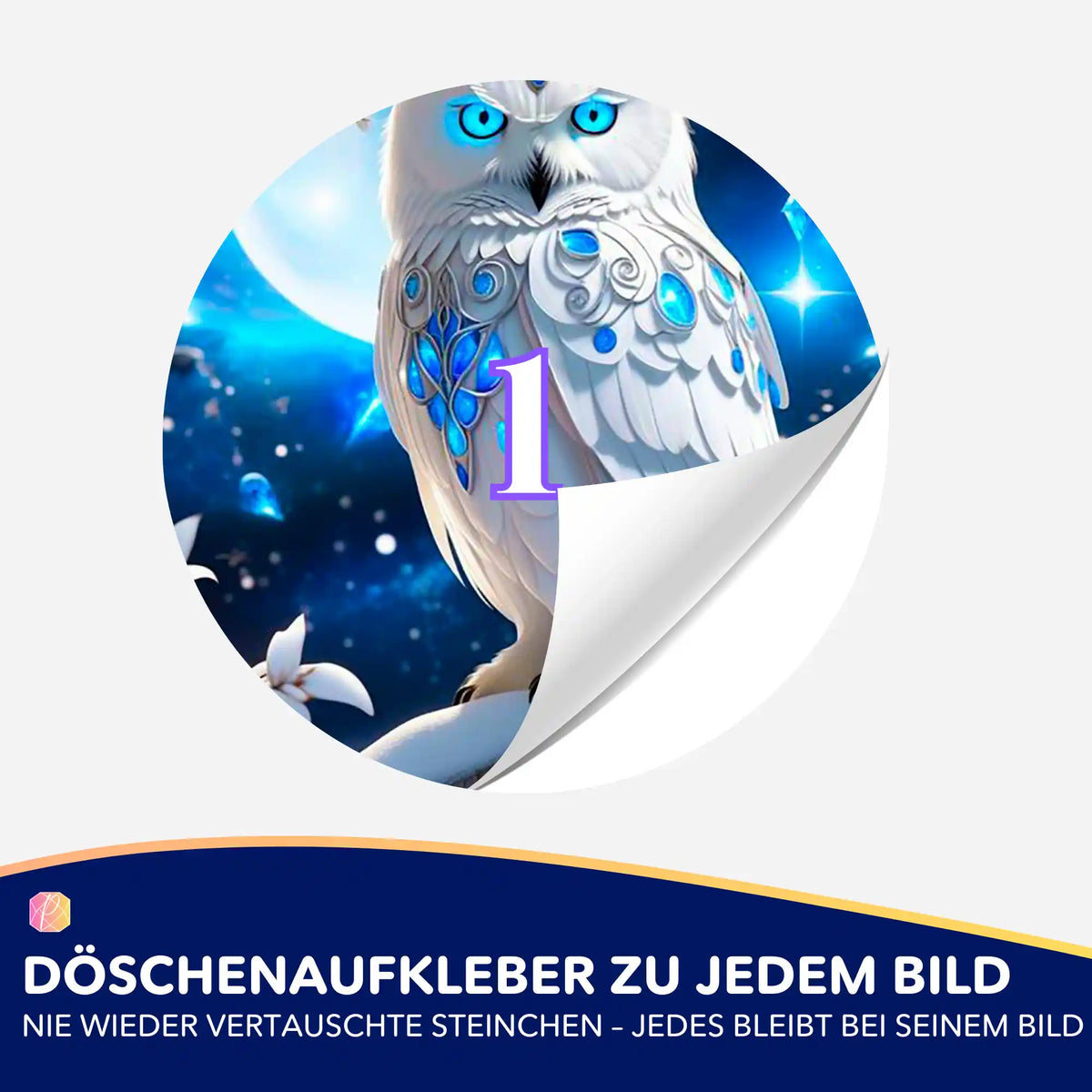 Runder Döschenaufkleber mit Eulen-Motiv für Diamond Painting Zubehör zur geordneten Aufbewahrung der Steinchen.