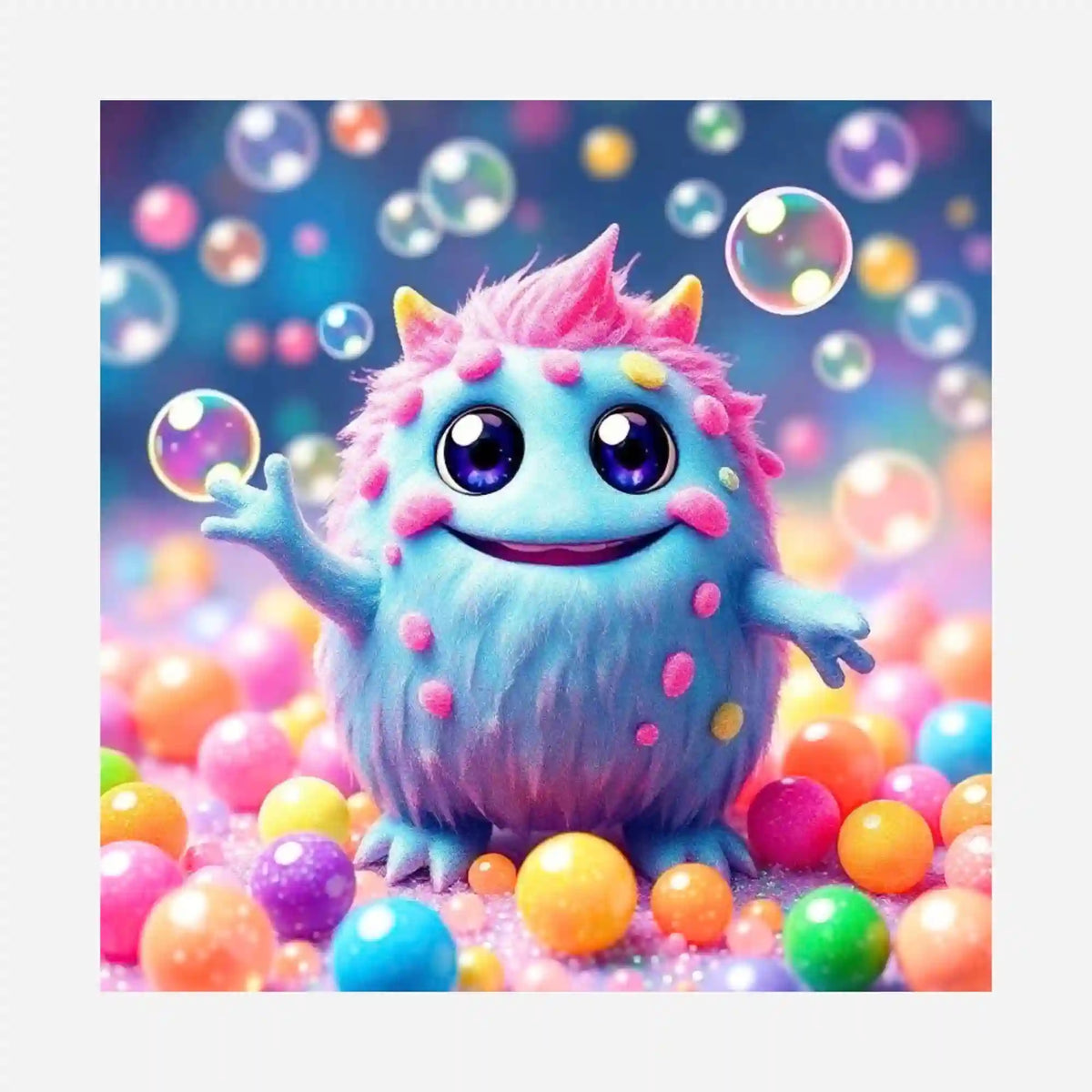 Niedliches blaues Monster Muffti mit bunten Seifenblasen – Diamond Painting Silikonpapier-Set