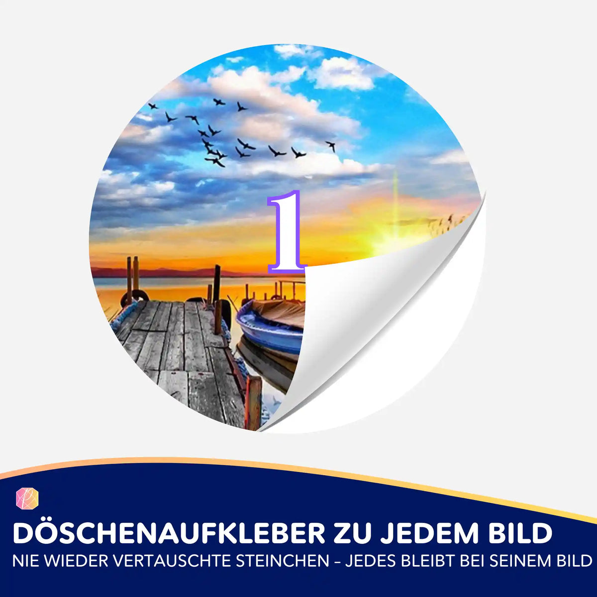 Runder Döschenaufkleber mit Motiv Sonniger Abend am See für Diamond Painting zur einfachen Sortierung der Steine.