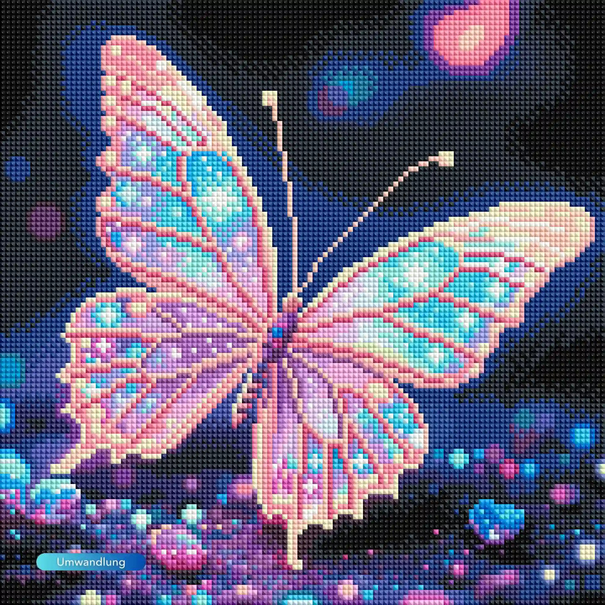 Diamond Painting Set Lichttänzer mit leuchtendem Schmetterling in Neonfarben auf dunklem, magischem Hintergrund