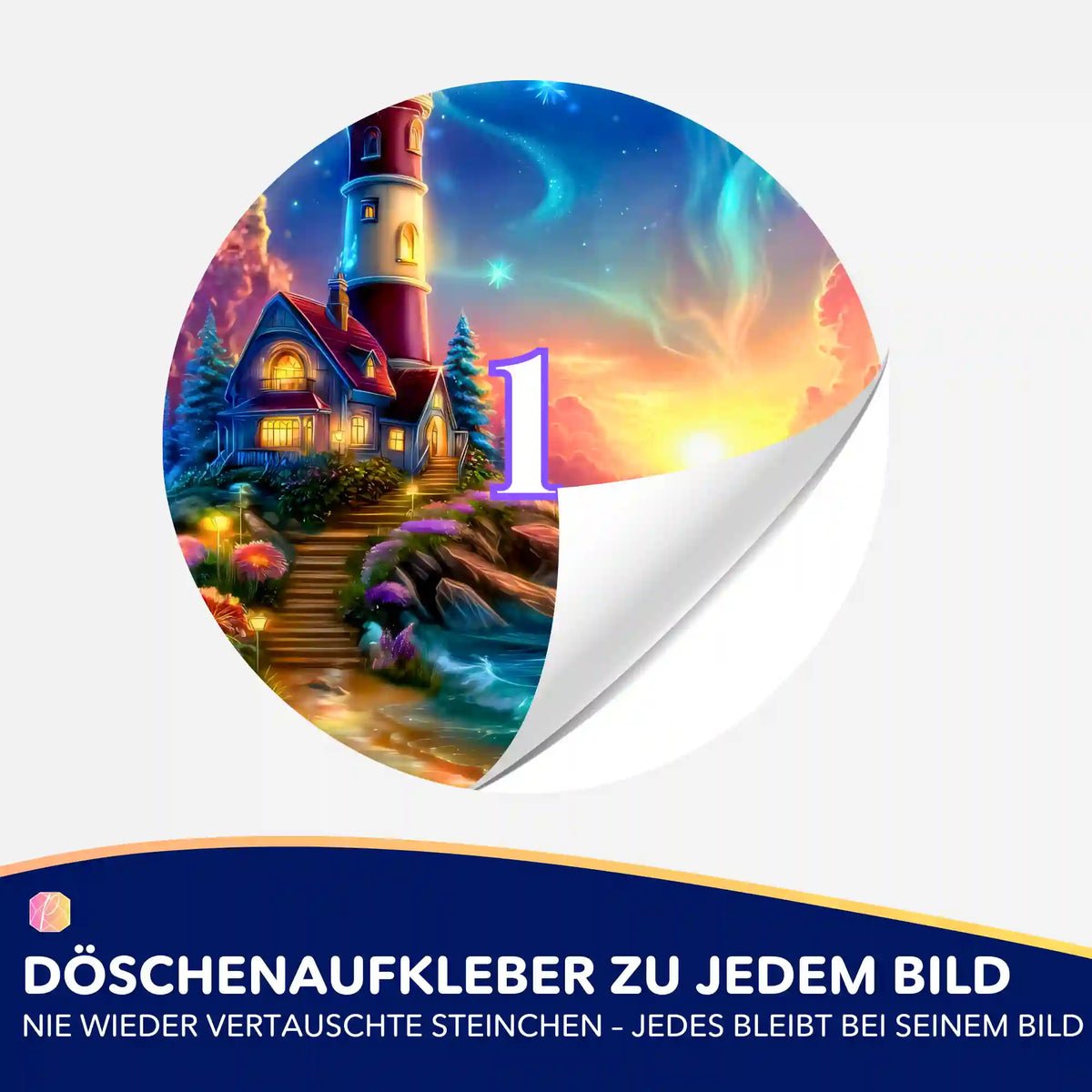Bunte Döschenaufkleber mit Leuchtturm-Motiv zur Organisation von Diamond Painting Steinchen bei Picmondoo.