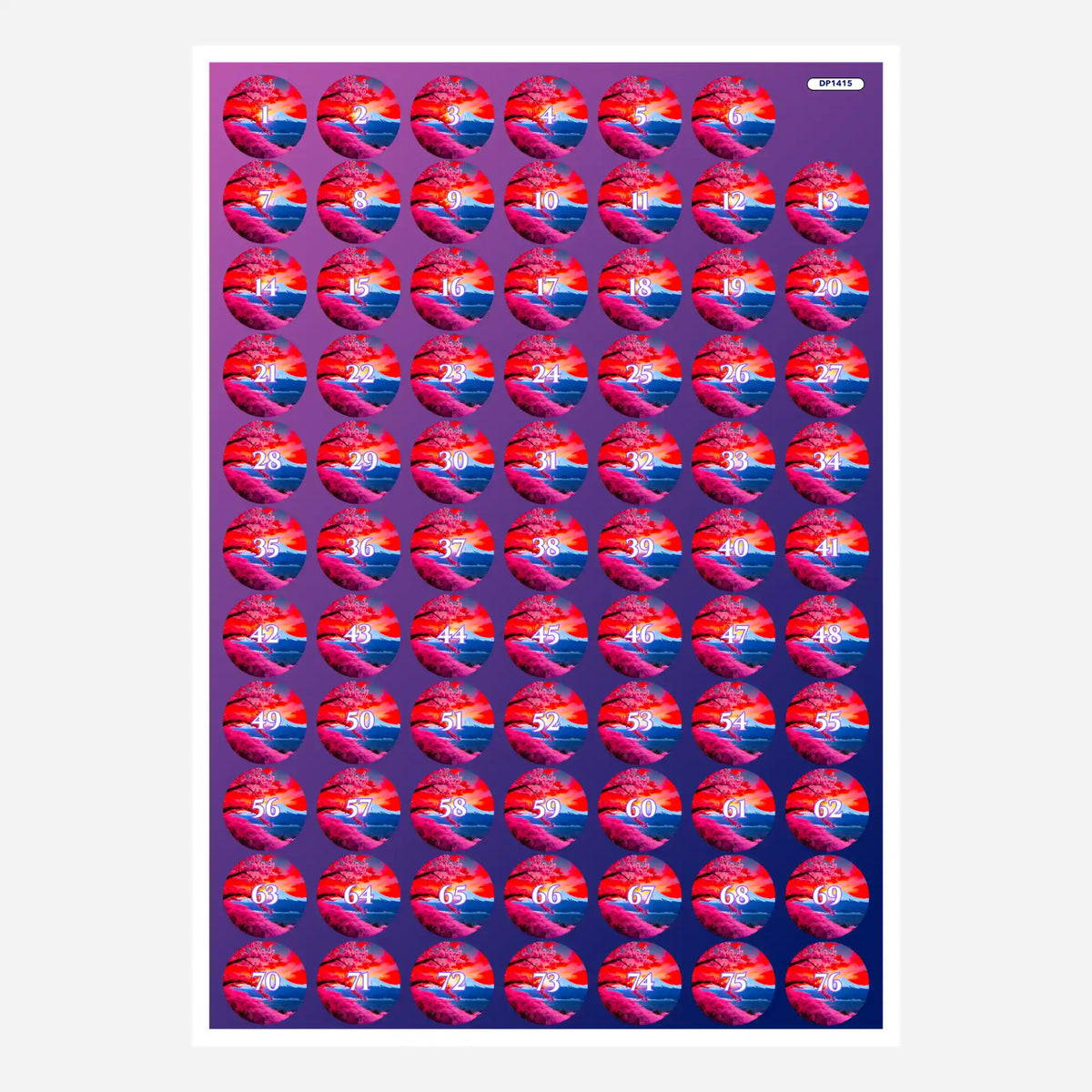 Bogen mit runden Döschenaufklebern für Diamond Painting mit Berg der Kirschblüten Motiv zur Sortierung der Steinfarben