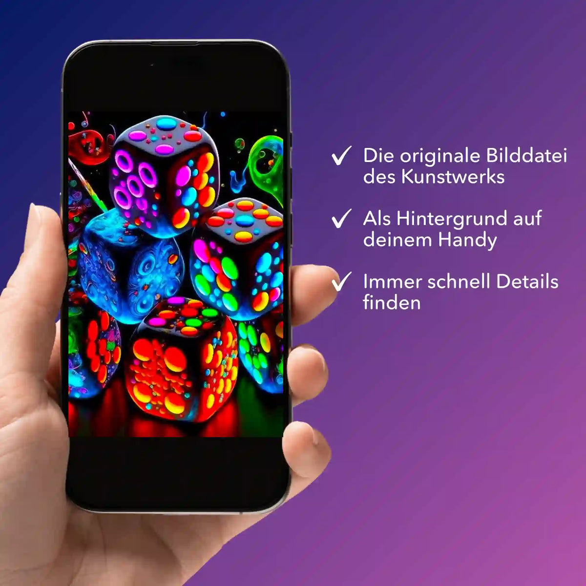 Digitale Bildmappe für Diamond Painting Motiv Zeit der Spiele mit bunten Neon-Würfeln auf dem Smartphone-Display