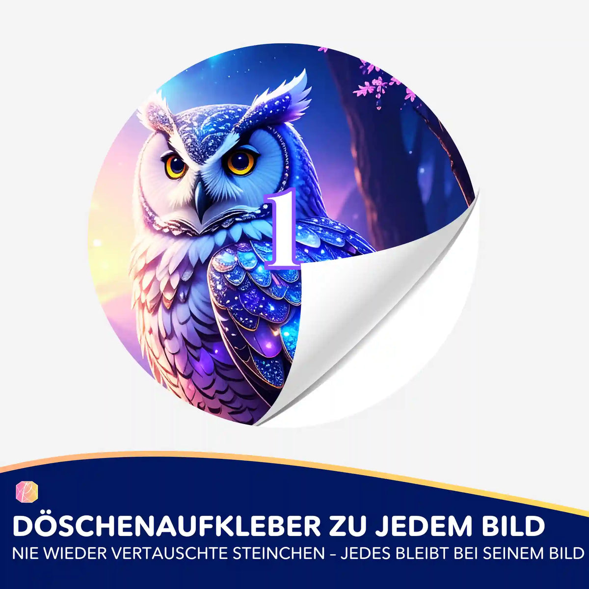 Bunte Eulen-Döschenaufkleber zur Organisation von Diamond Painting Steinchen – Motiv Hüterin der Dämmerung.