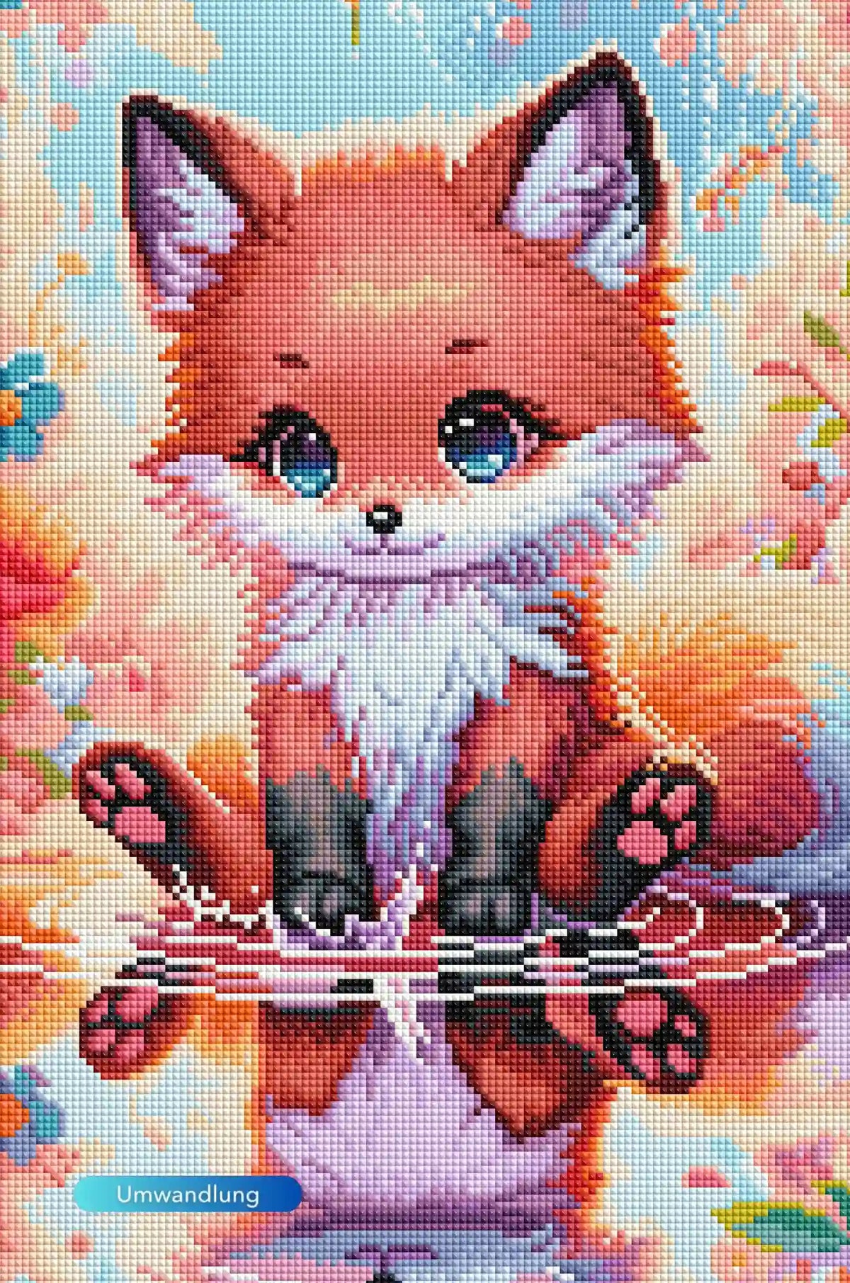 Diamond Painting Set eines niedlichen Fuchs-Babys mit blauen Augen, umgeben von Blumen und reflektierendem Wasser.