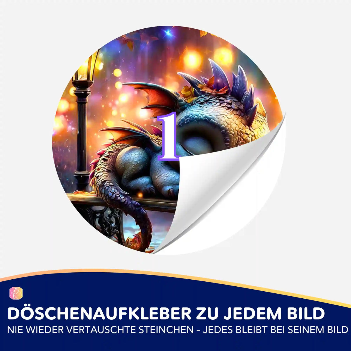 Runder Döschenaufkleber mit Drachenmotiv Lumos Schlummer für Diamond Painting Sets zur einfachen Sortierung der Steine.
