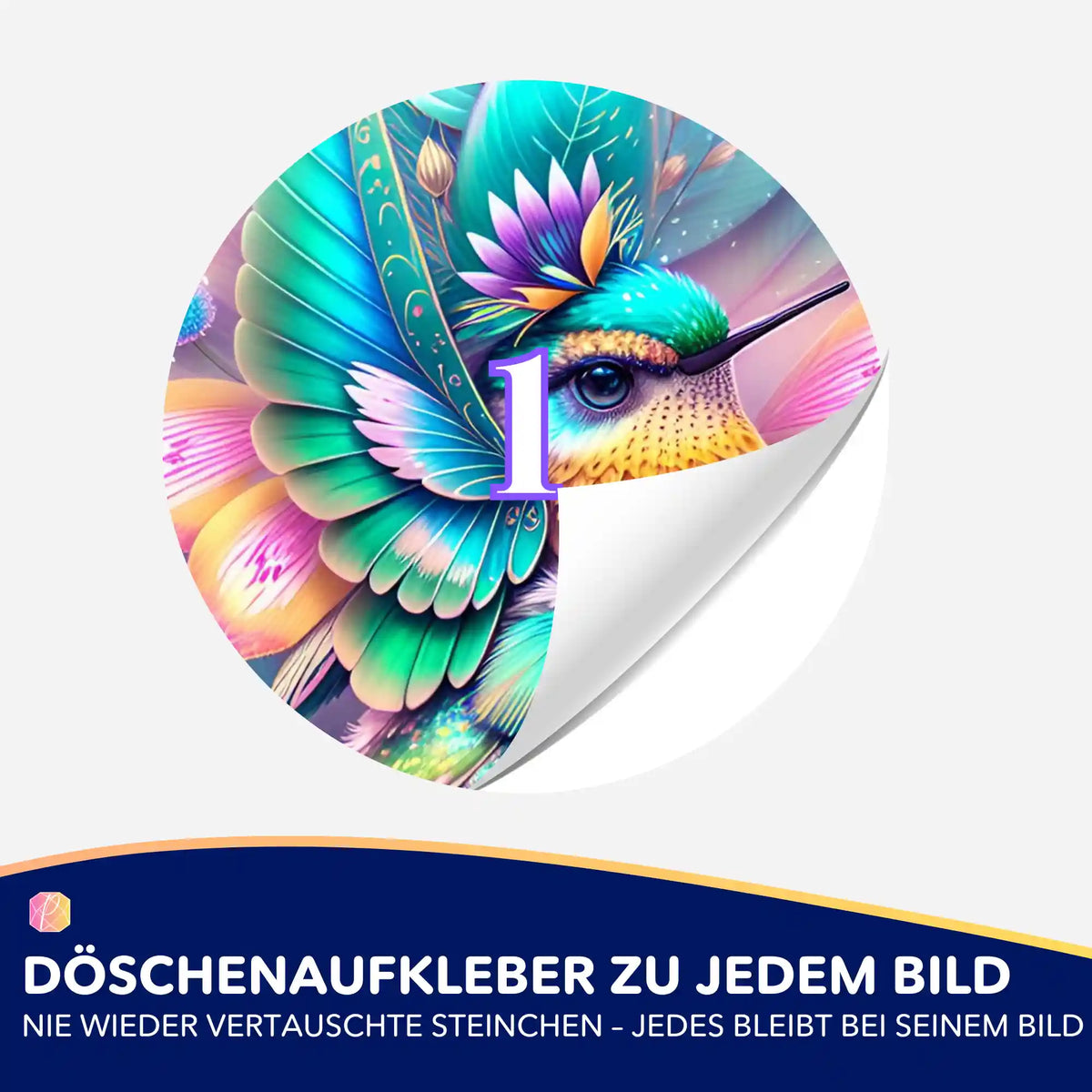 Bunter Kolibri-Döschenaufkleber für Diamond Painting zur einfachen Organisation deiner Diamanten-Steinchen Sortierung.
