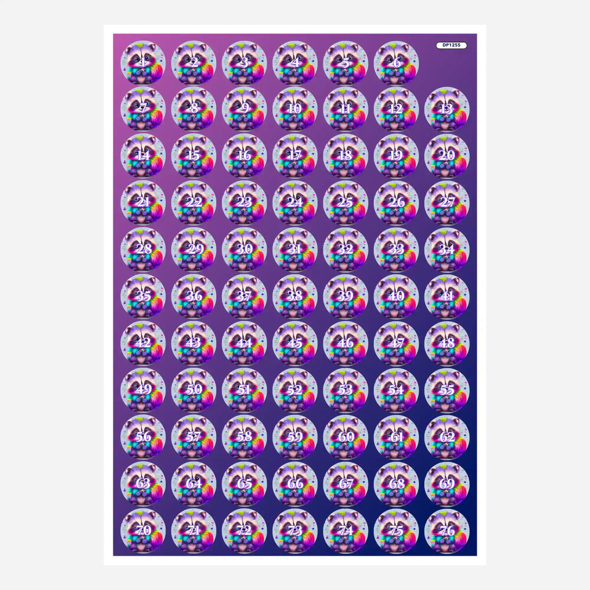 Bunte Waschbär-Döschenaufkleber mit Zahlen für Diamond Painting Zubehör zur optimalen Sortierung der Steinfarben.