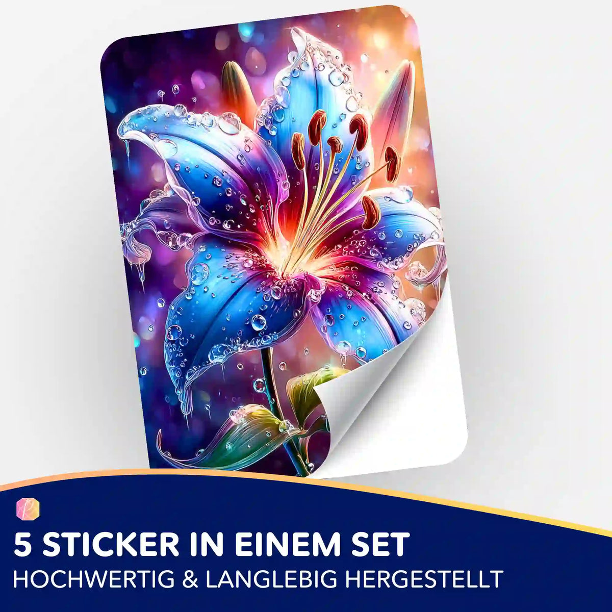 Buntes Regenlied-Sticker-Set für Diamond Painting Zubehör mit detailreicher Lilie, Wassertropfen und leuchtenden Farben.