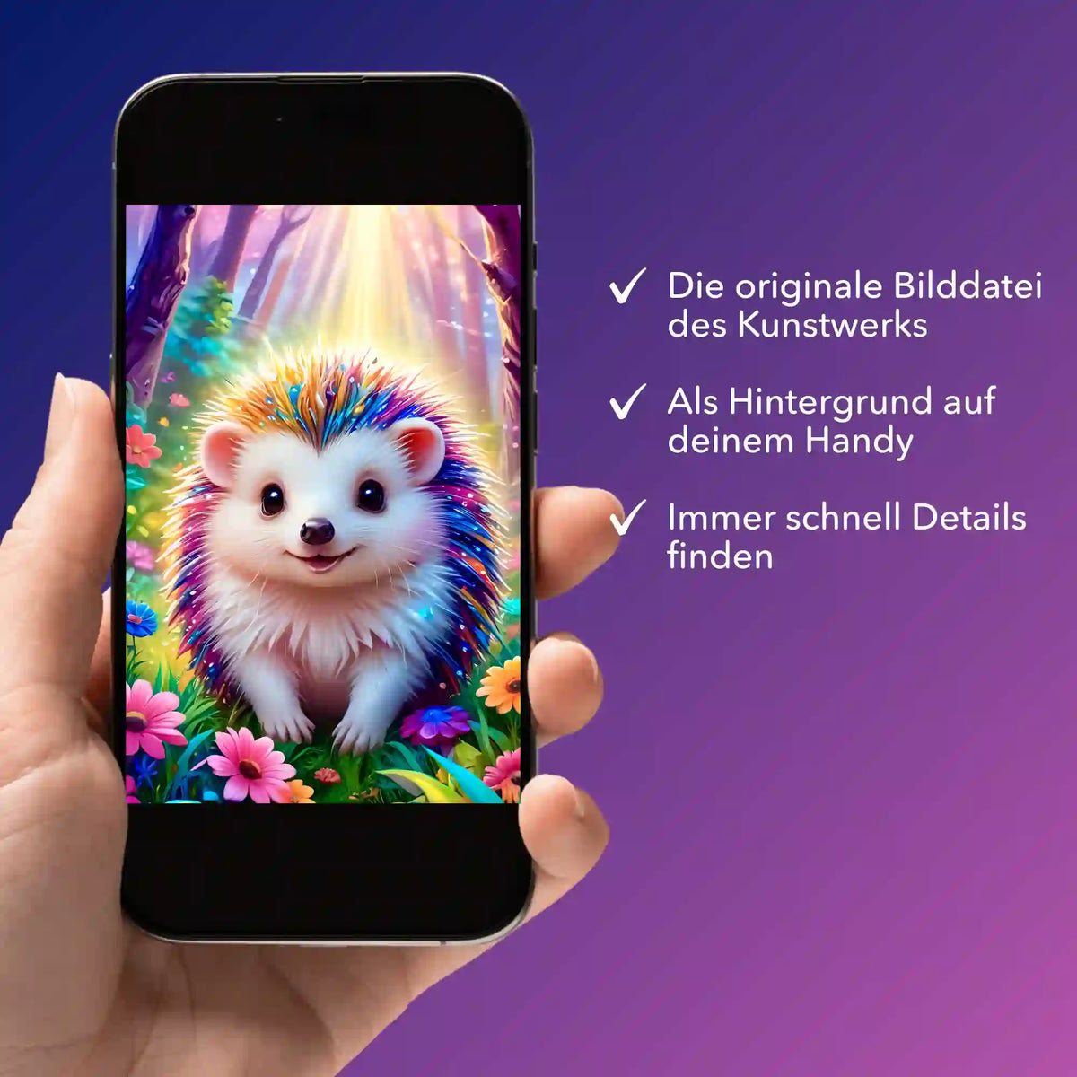 Digitale Bildmappe für Igel Stups Diamond Painting auf einem Smartphone mit farbenfrohem Wald-Motiv als Hintergrund.