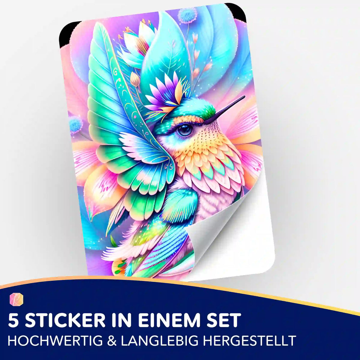 Buntes 5er-Set Aufkleber mit Kolibri im Blütenkelch für Diamond Painting Fans und zur Gestaltung von DIY-Projekten.