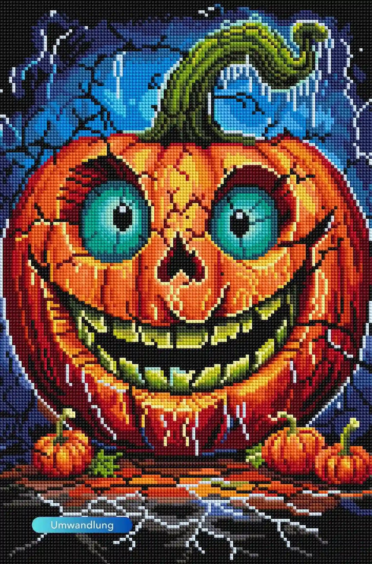 Diamond Painting Set Gruselkürbis mit leuchtenden Augen und rissiger Schale, Halloween Motiv im Comicstil